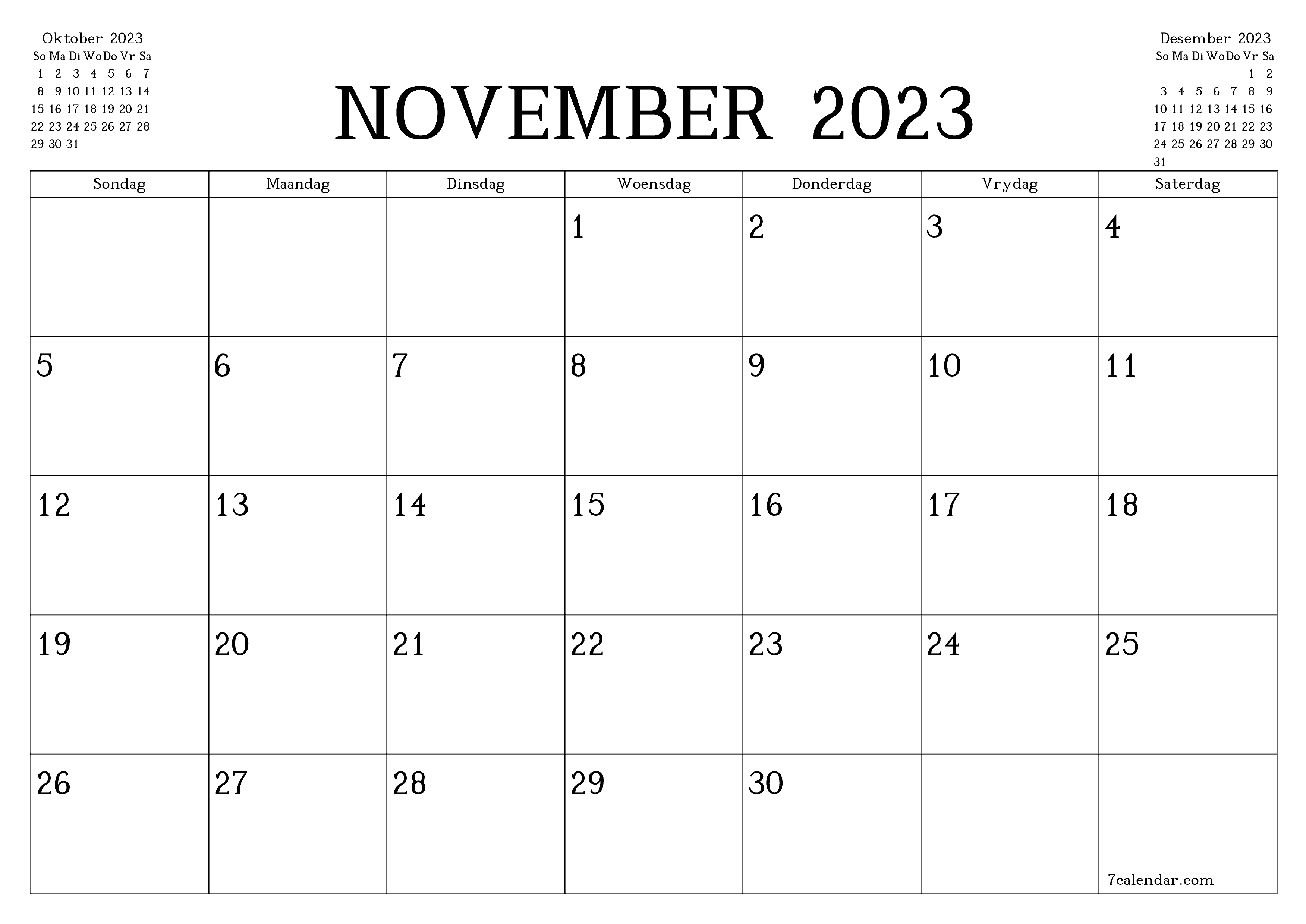 Leë maandelikse drukbare kalender en beplanner vir maand November 2023 met notas stoor en druk na PDF PNG Afrikaans