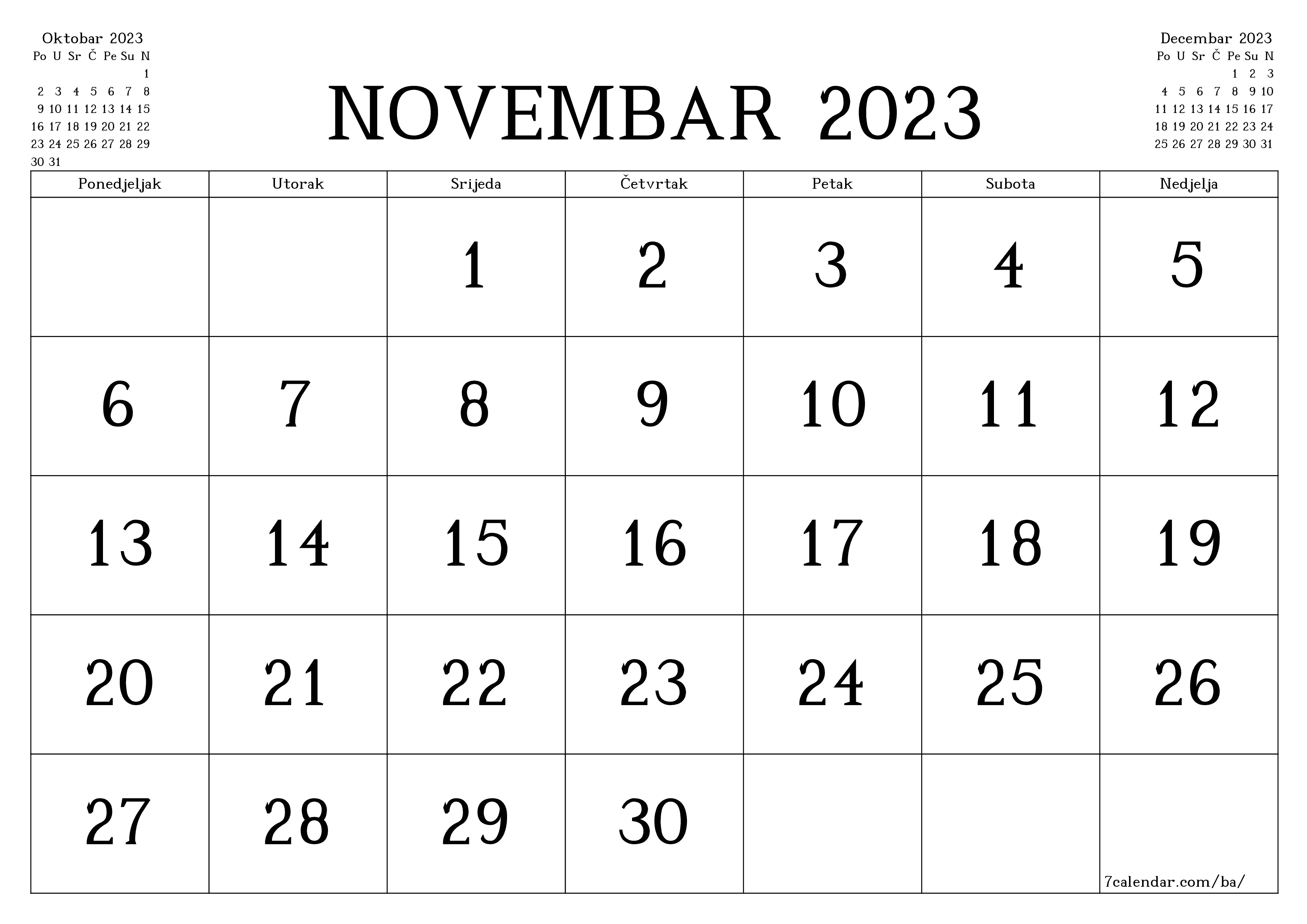 Ispraznite mjesečni planer za mjesec Novembar 2023 s bilješkama, spremite i ispišite u PDF PNG Bosnian