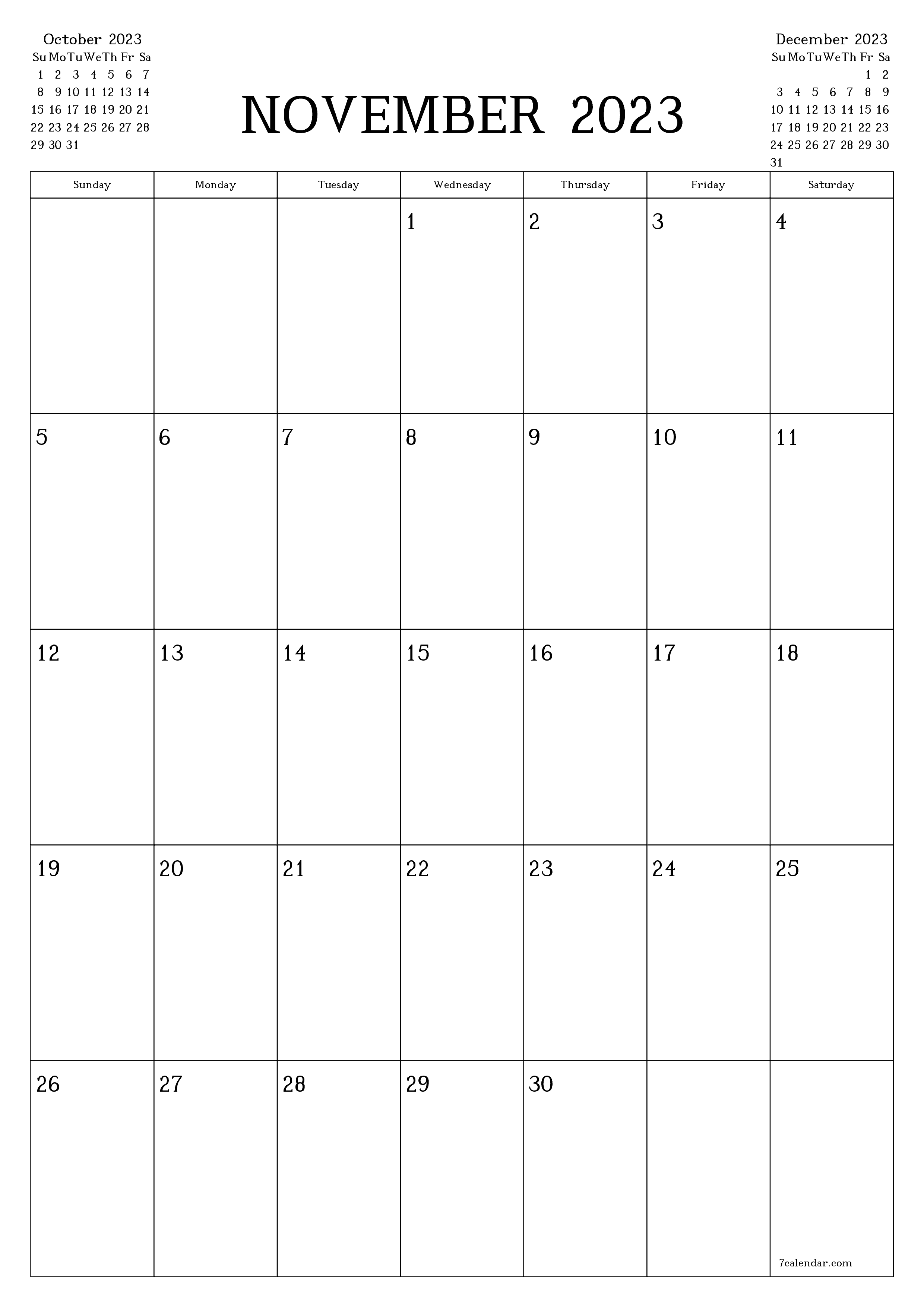 Blank monthly printable calendar and planner for month November 2023 with notes save and print to PDF PNG English - 7calendar.com