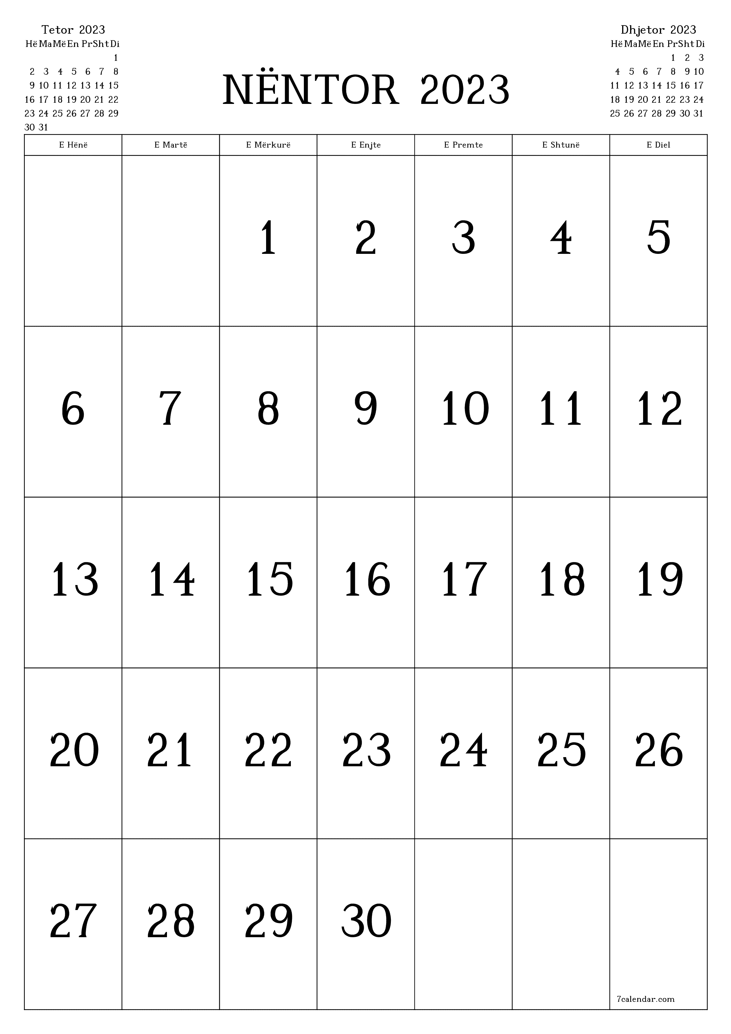 Planifikuesi i zbrazët i kalendarit mujor për muajin Nëntor 2023 me shënime të ruajtura dhe të printuara në PDF PNG Albanian - 7calendar.com