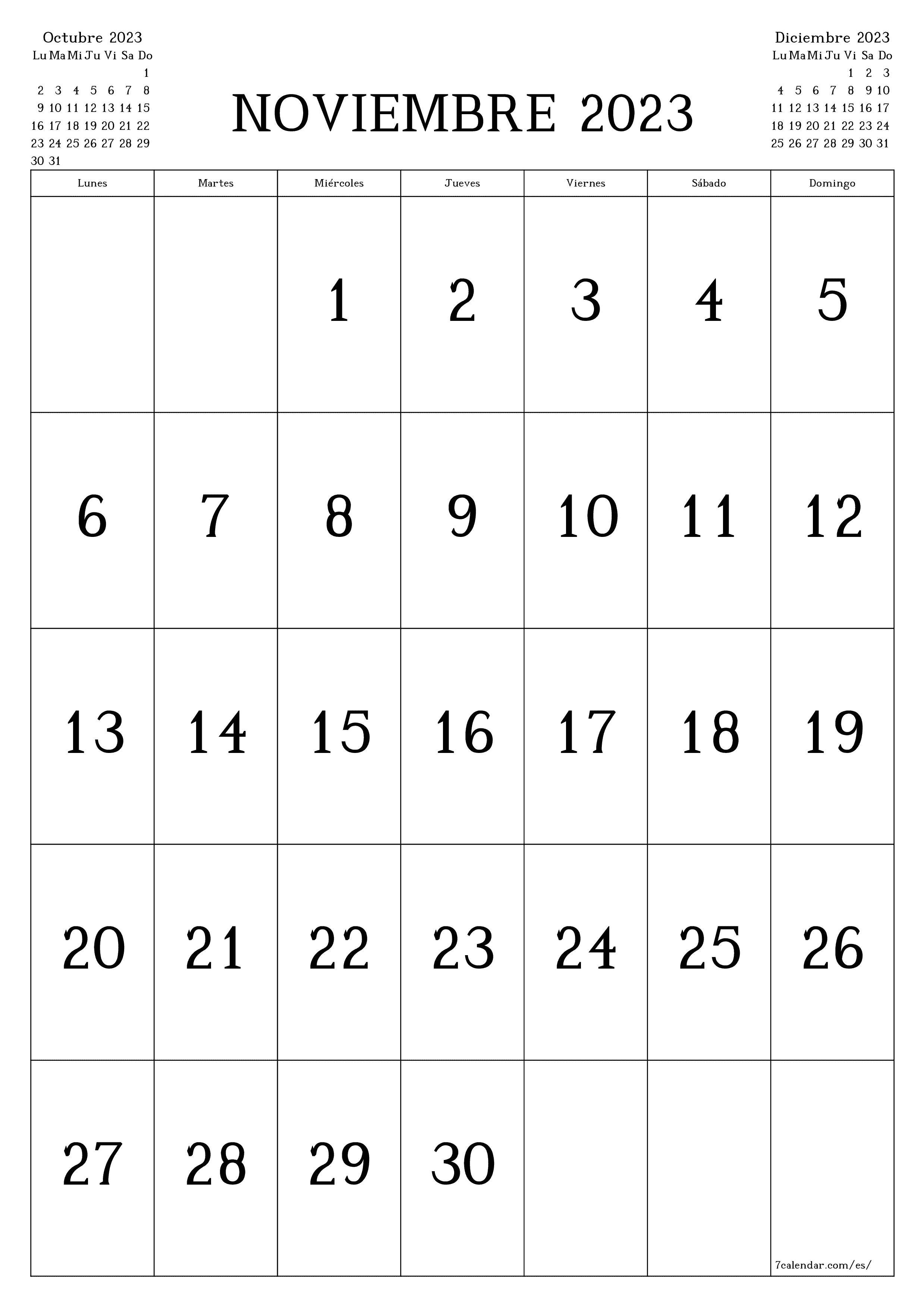  imprimible de pared plantilla de gratisvertical Mensual calendario Noviembre (Nov) 2023