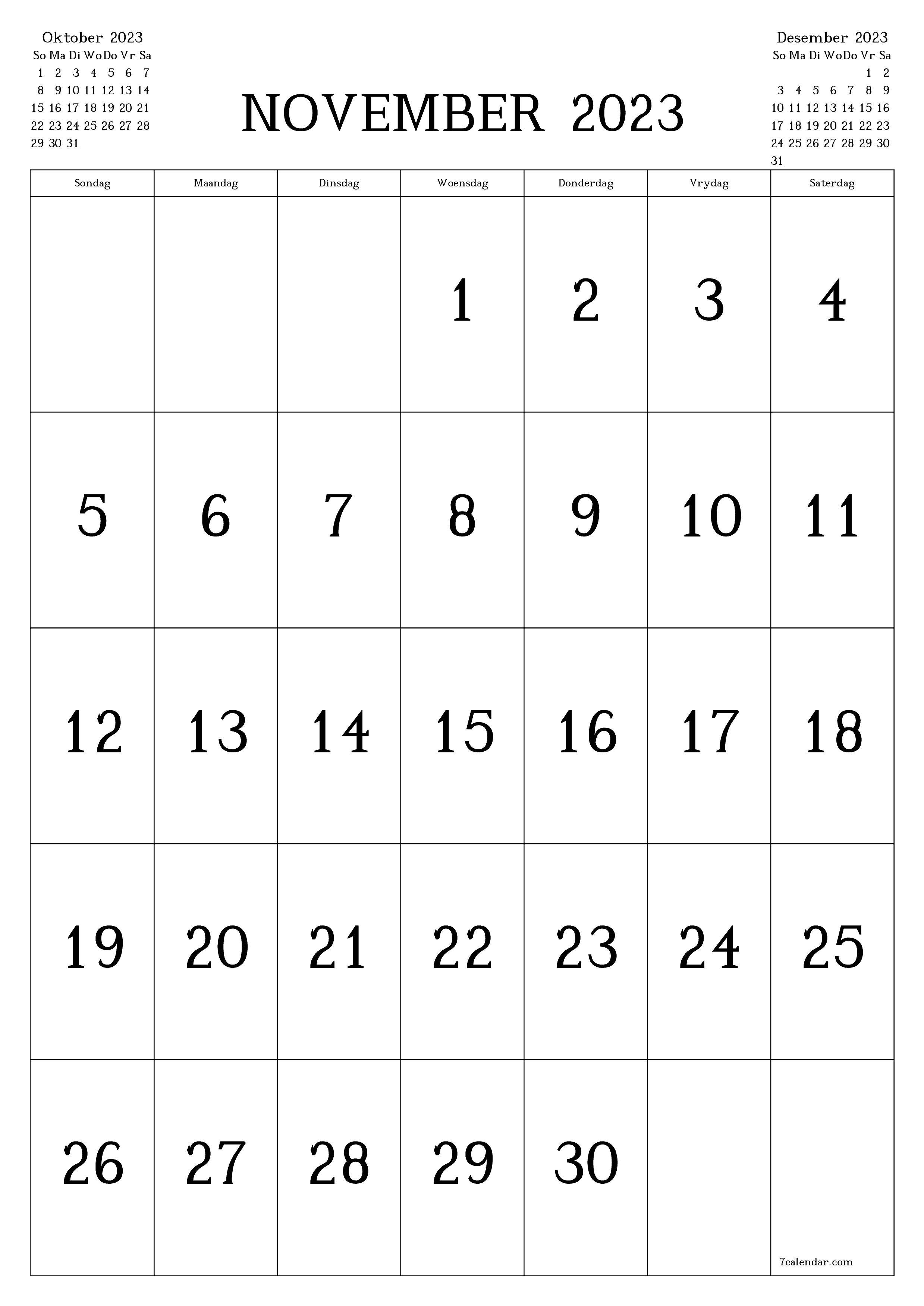 Leë maandelikse drukbare kalender en beplanner vir maand November 2023 met notas stoor en druk na PDF PNG Afrikaans