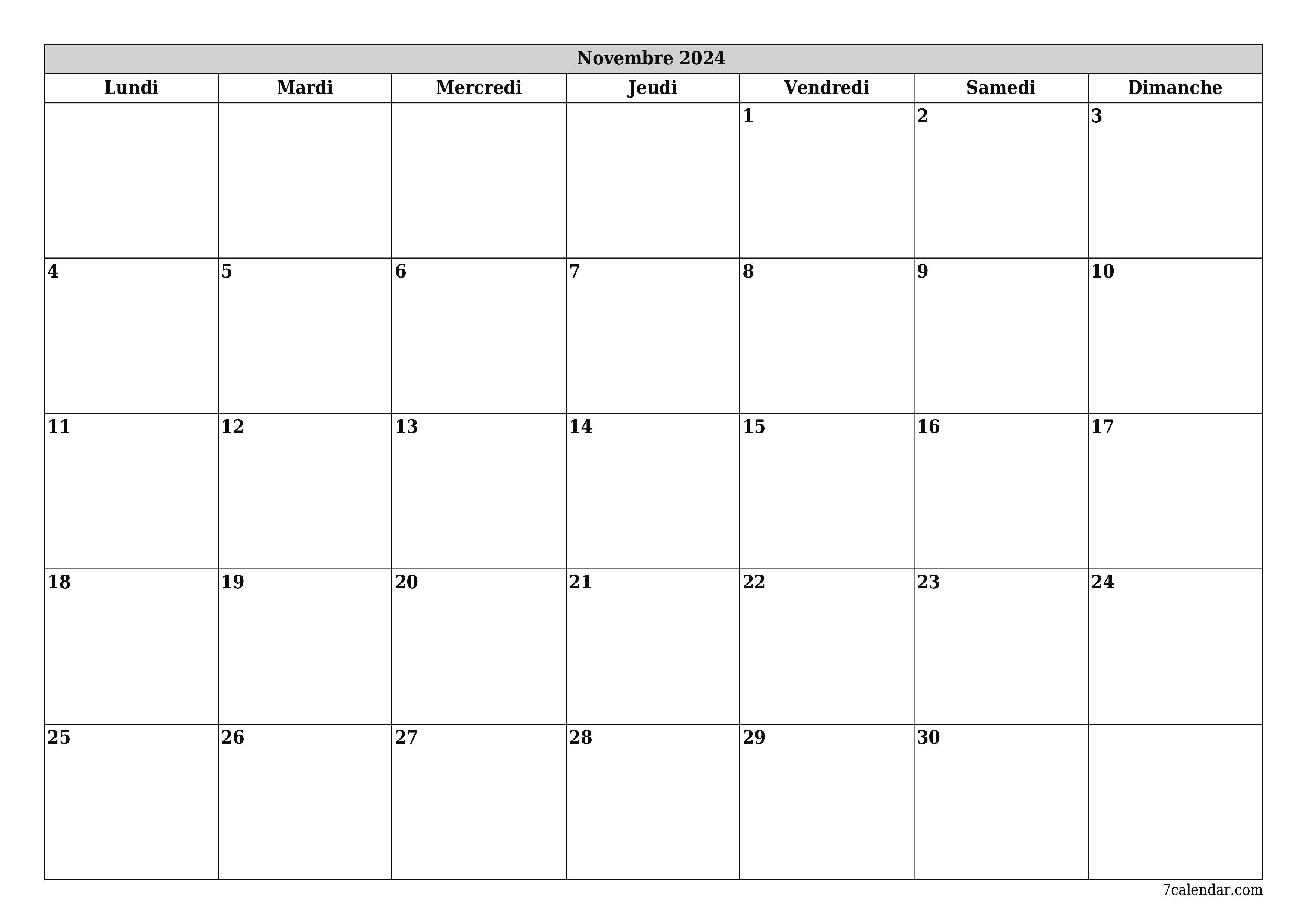 Agenda mensuel vide pour le mois Novembre 2024 avec notes, enregistrez et imprimez au format PDF PNG French