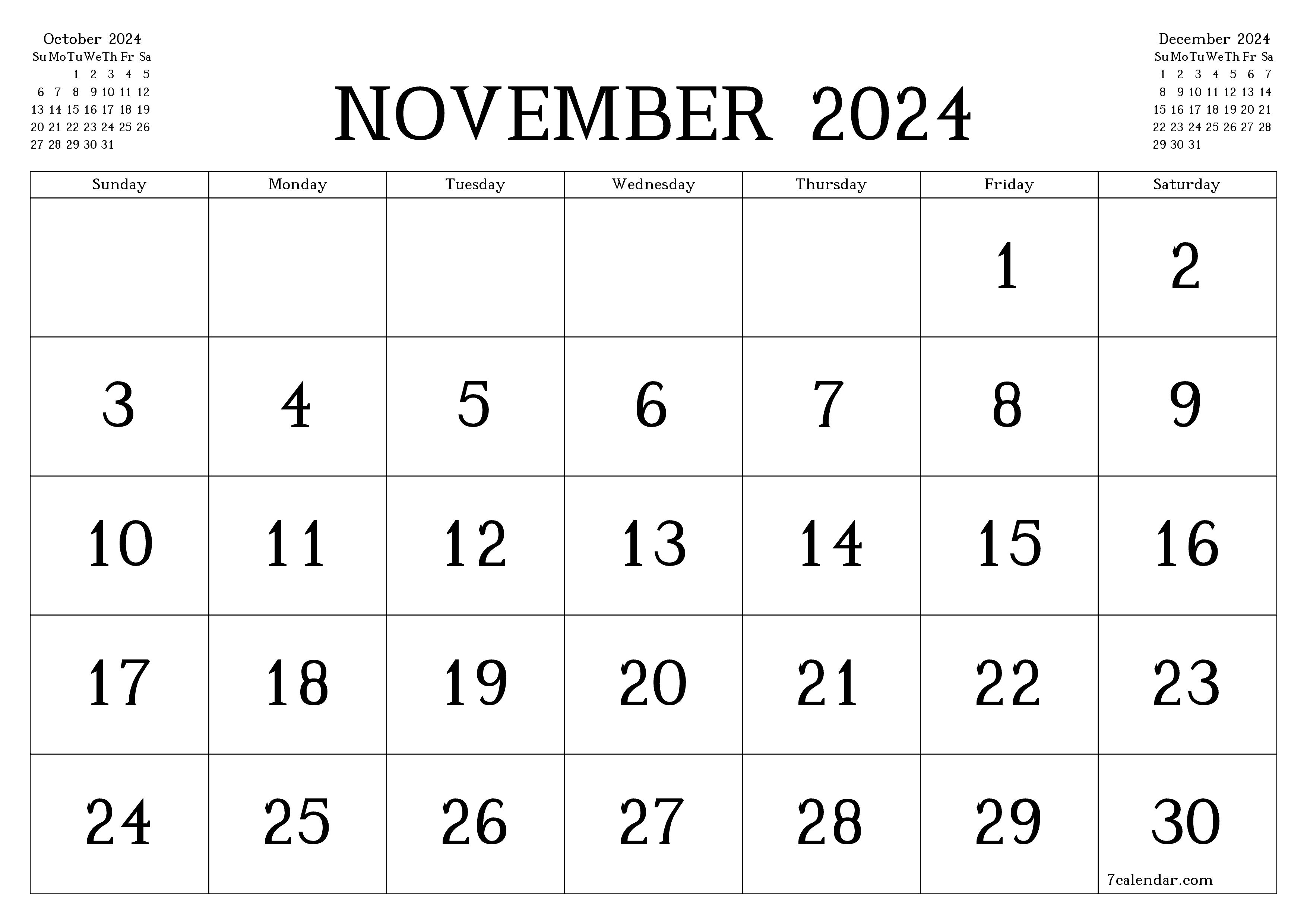 printable wall template free horizontal Monthly calendar November (Nov) 2024