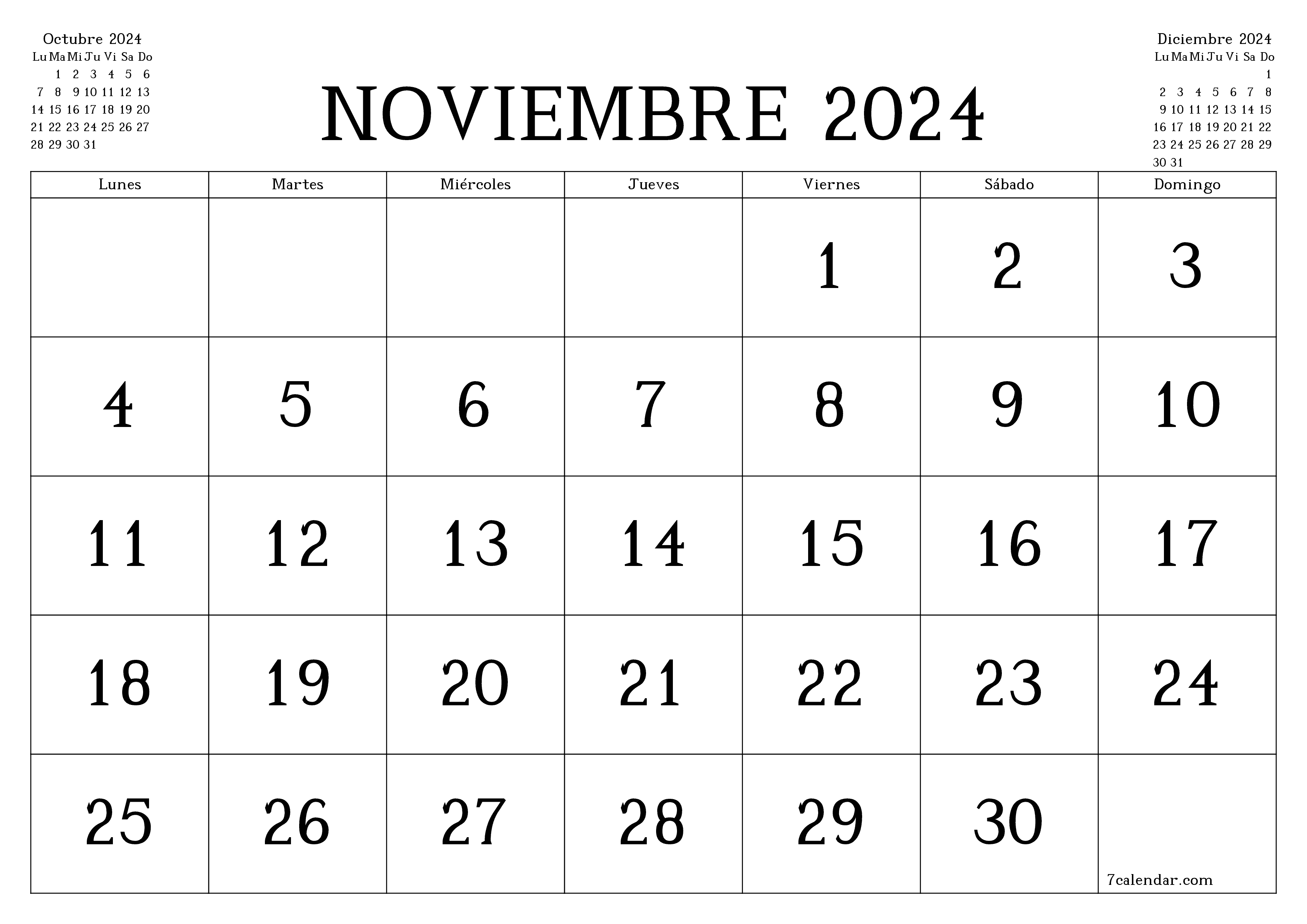 Planificador mensual vacío para el mes Noviembre 2024 con notas, guardar e imprimir en PDF PNG Spanish