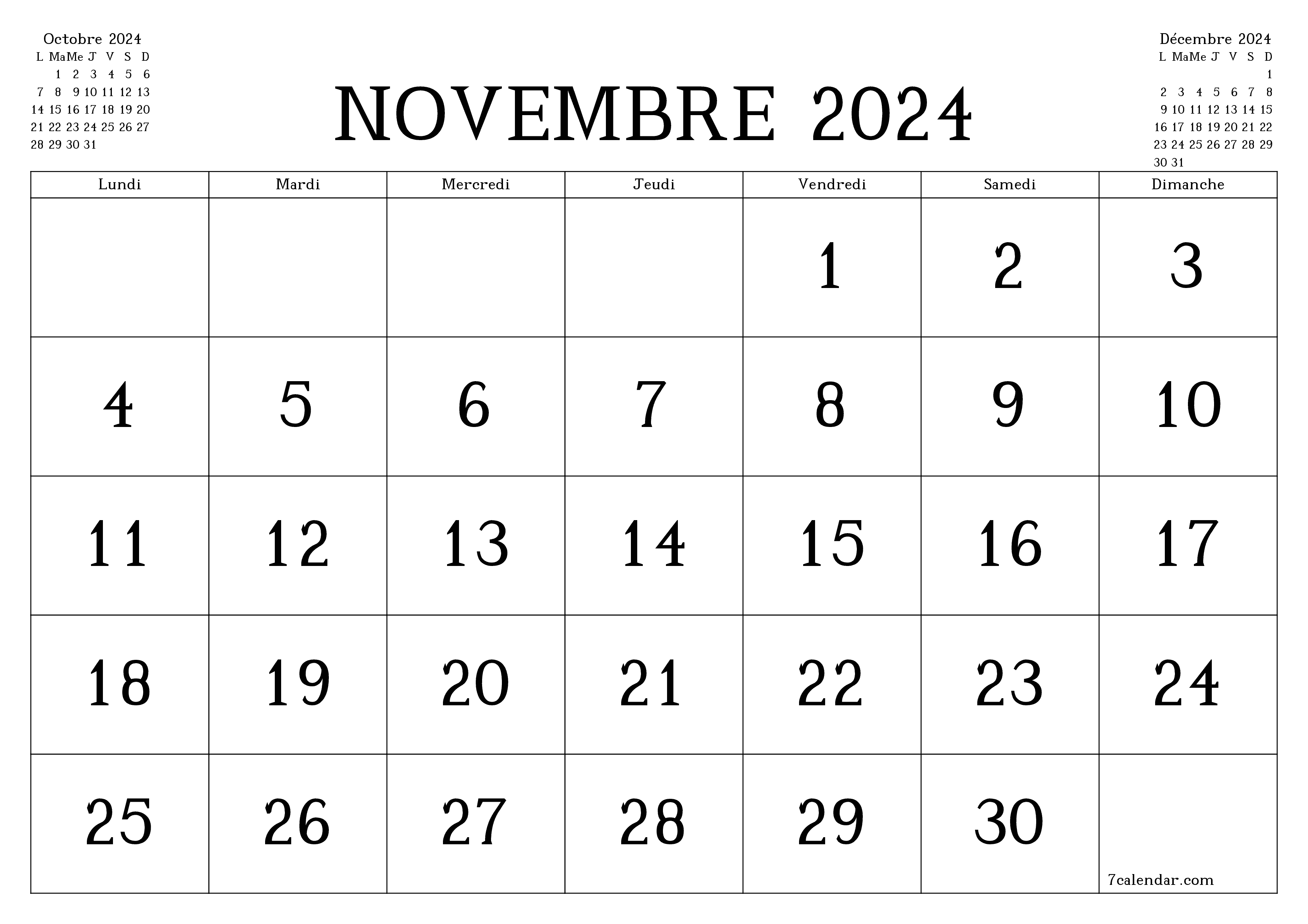 Agenda mensuel vide pour le mois Novembre 2024 avec notes, enregistrez et imprimez au format PDF PNG French