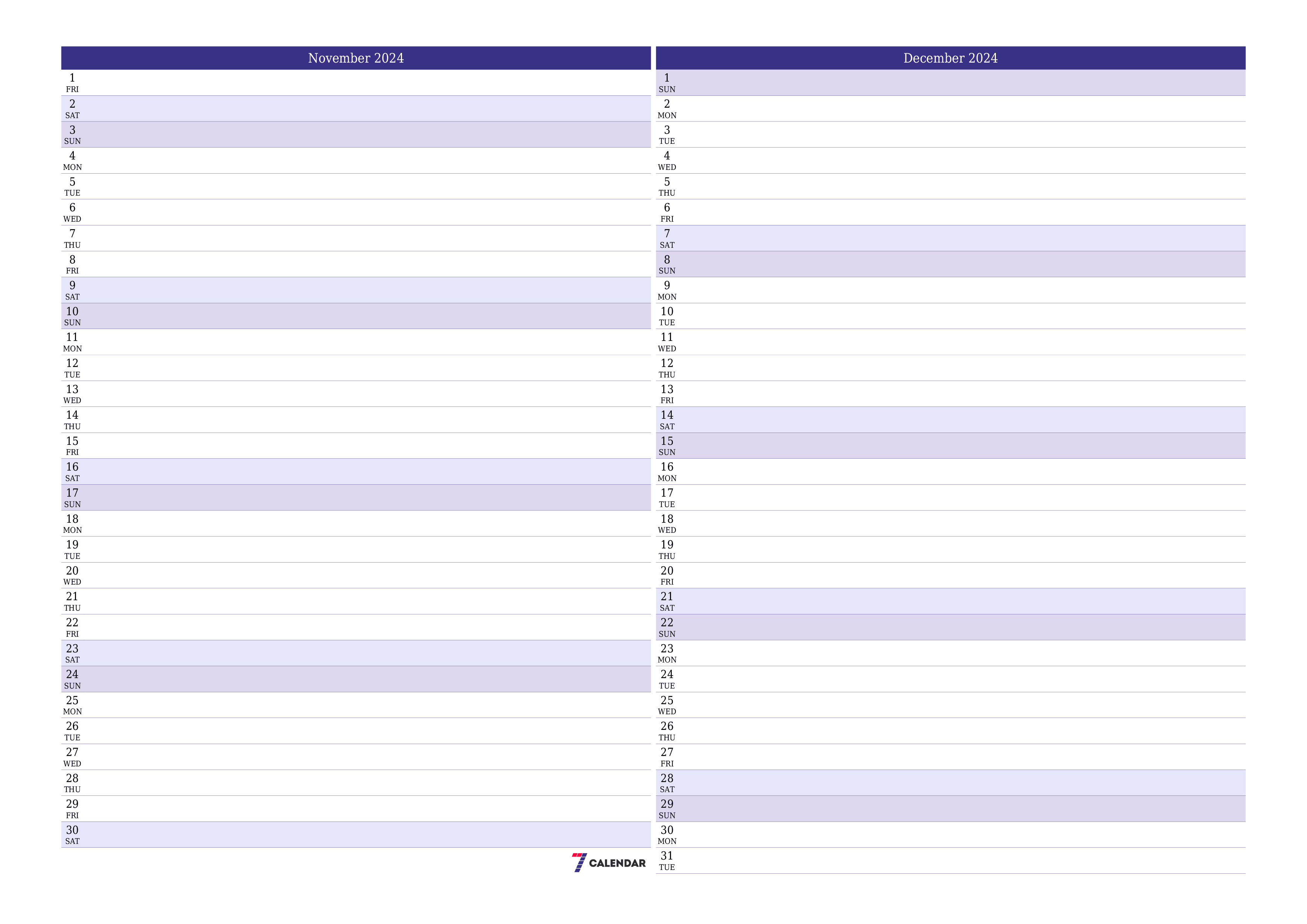 Blank calendar November 2024