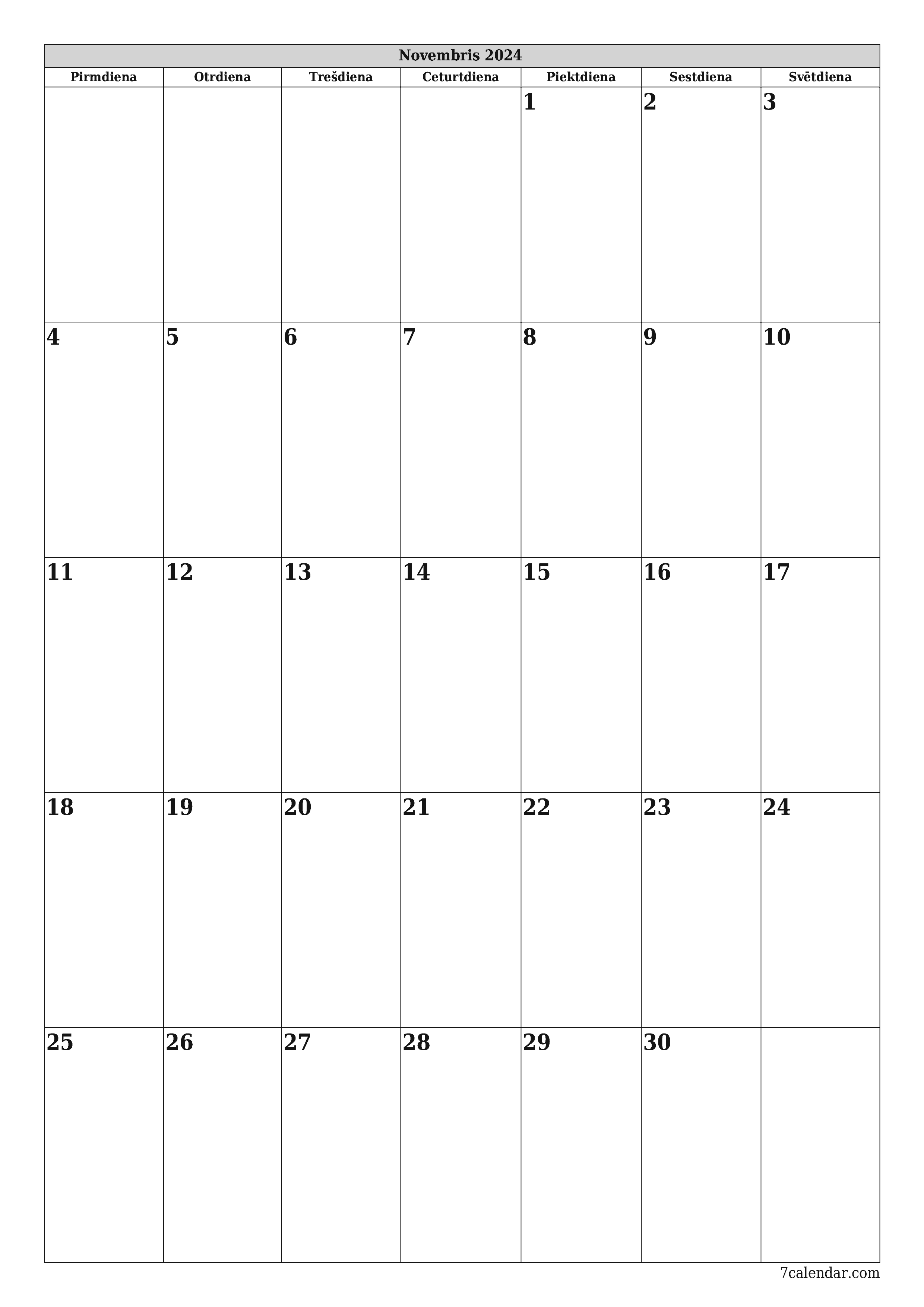 izdrukājams sienas kalendāra veidne bezmaksas vertikāli Mēneša plānotājs kalendārs Novembris (Nov) 2024