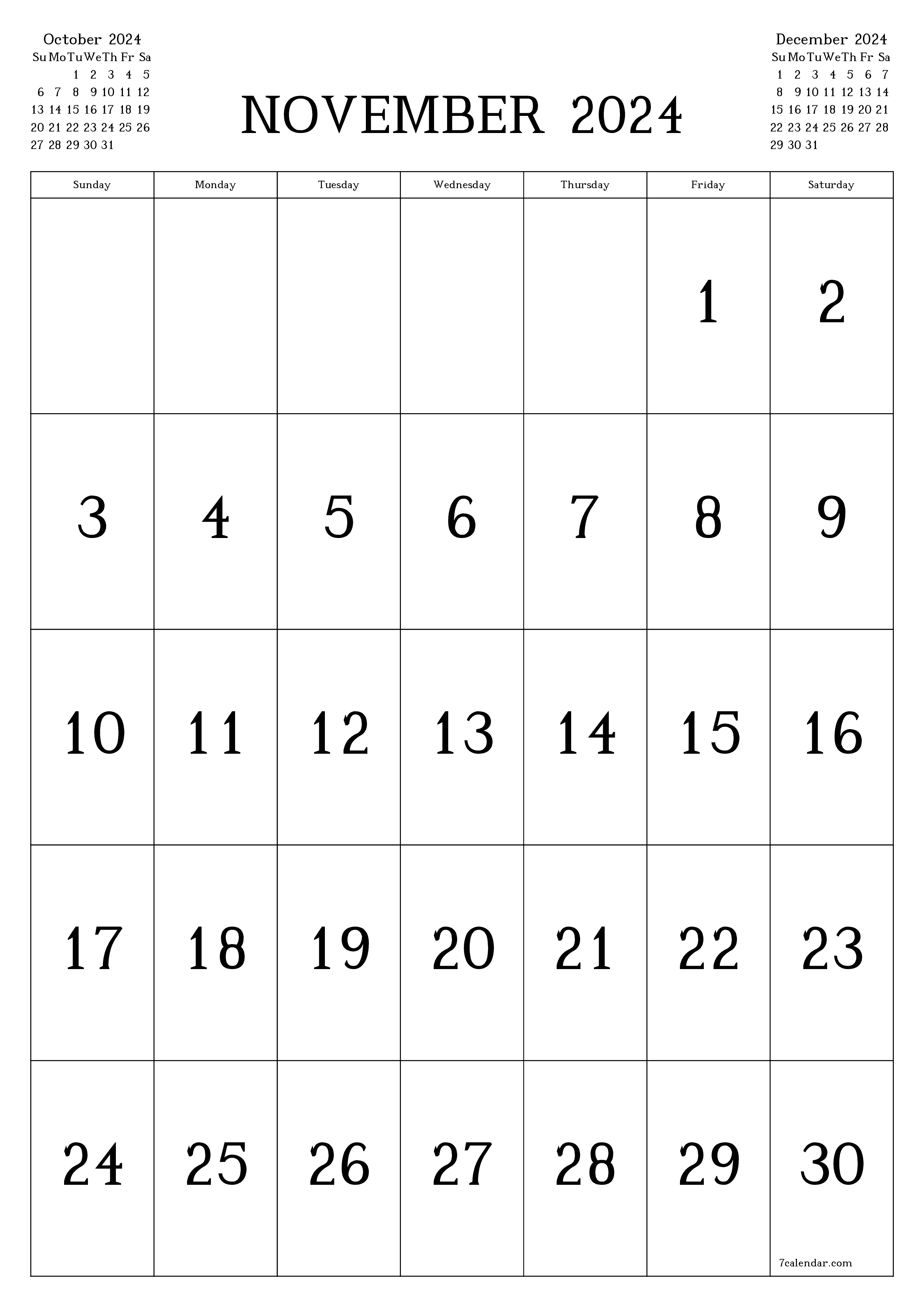 Blank monthly printable calendar and planner for month November 2024 with notes save and print to PDF PNG English