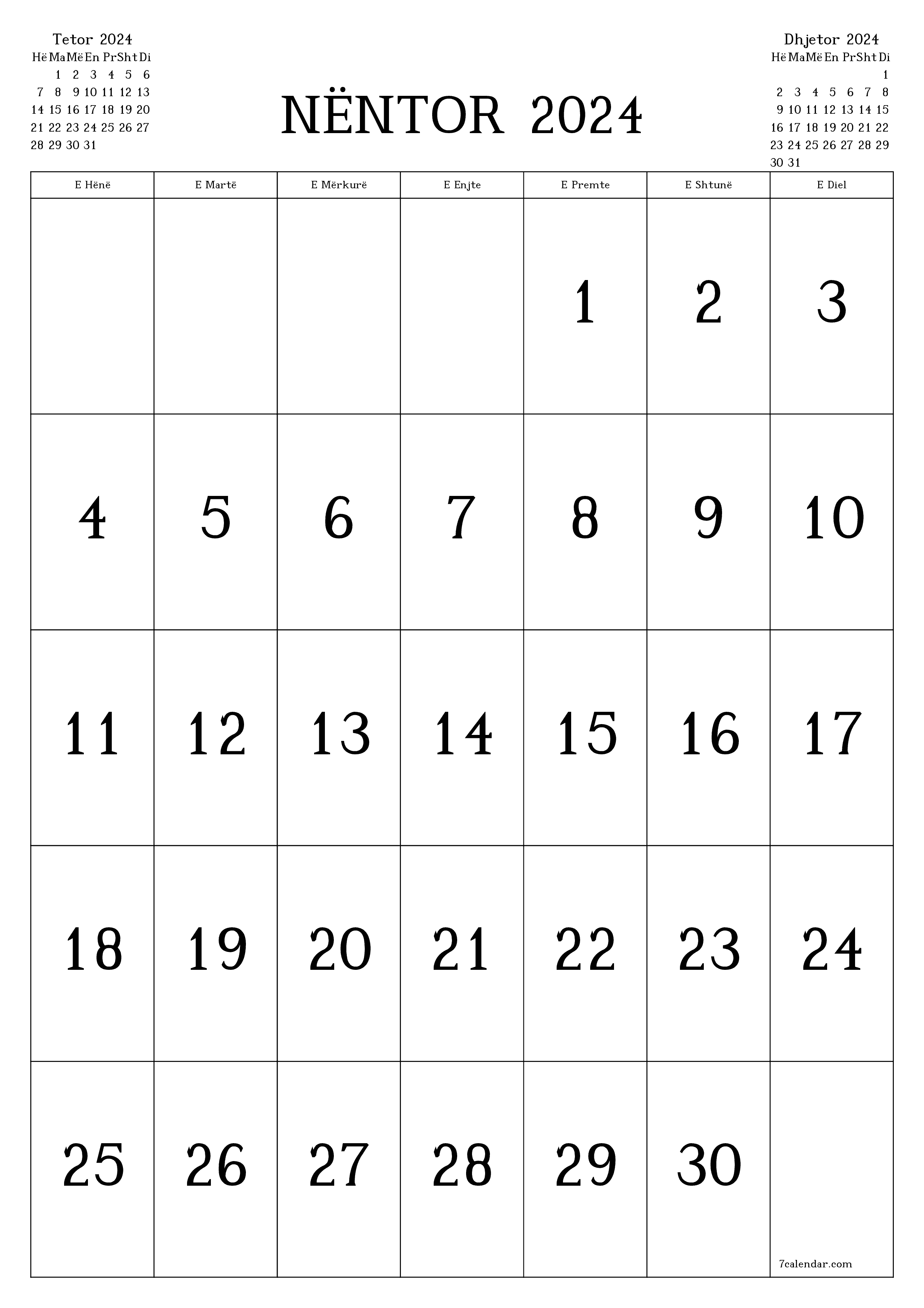 Planifikuesi i zbrazët i kalendarit mujor për muajin Nëntor 2024 me shënime të ruajtura dhe të printuara në PDF PNG Albanian