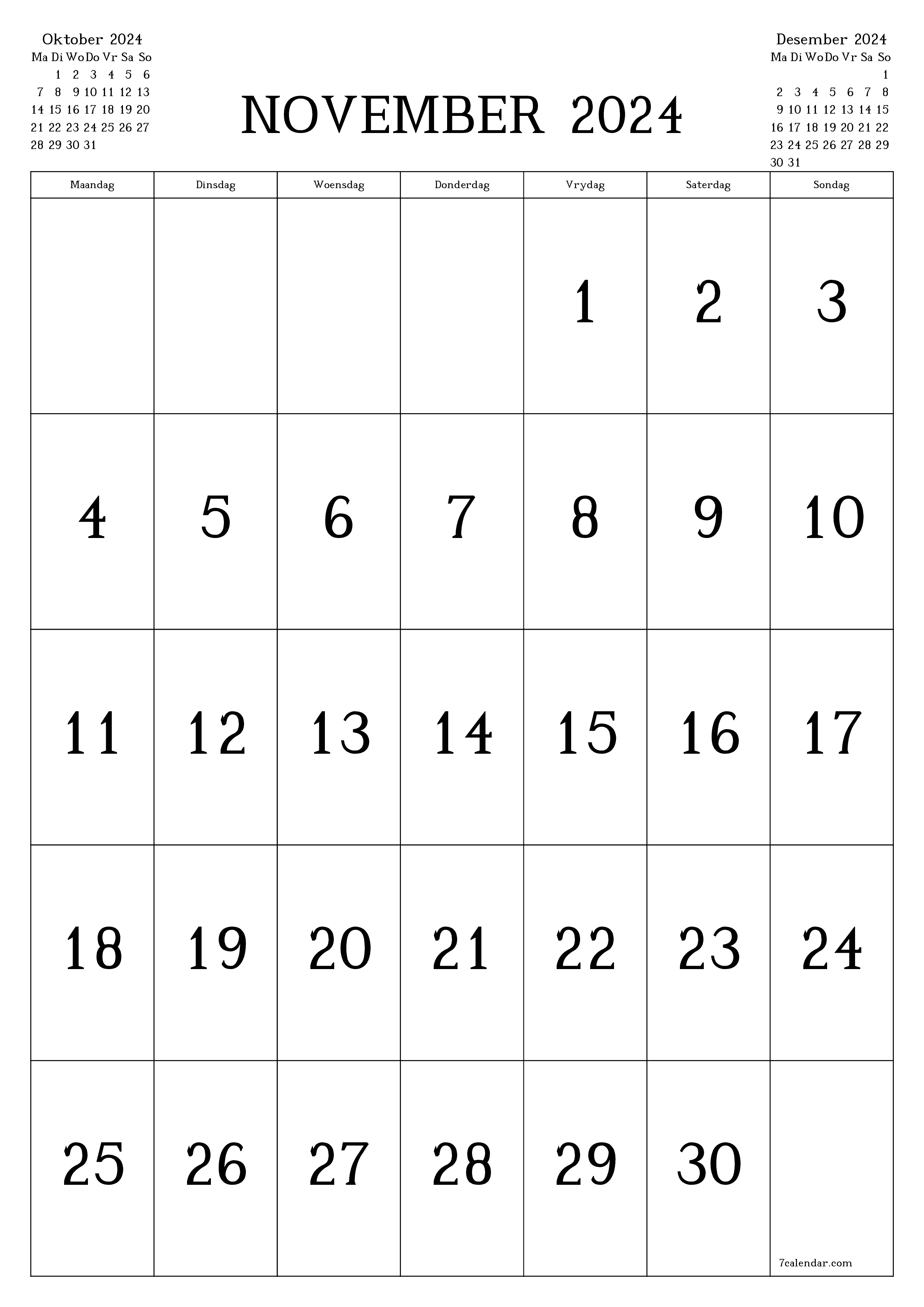 Leë maandelikse drukbare kalender en beplanner vir maand November 2024 met notas stoor en druk na PDF PNG Afrikaans