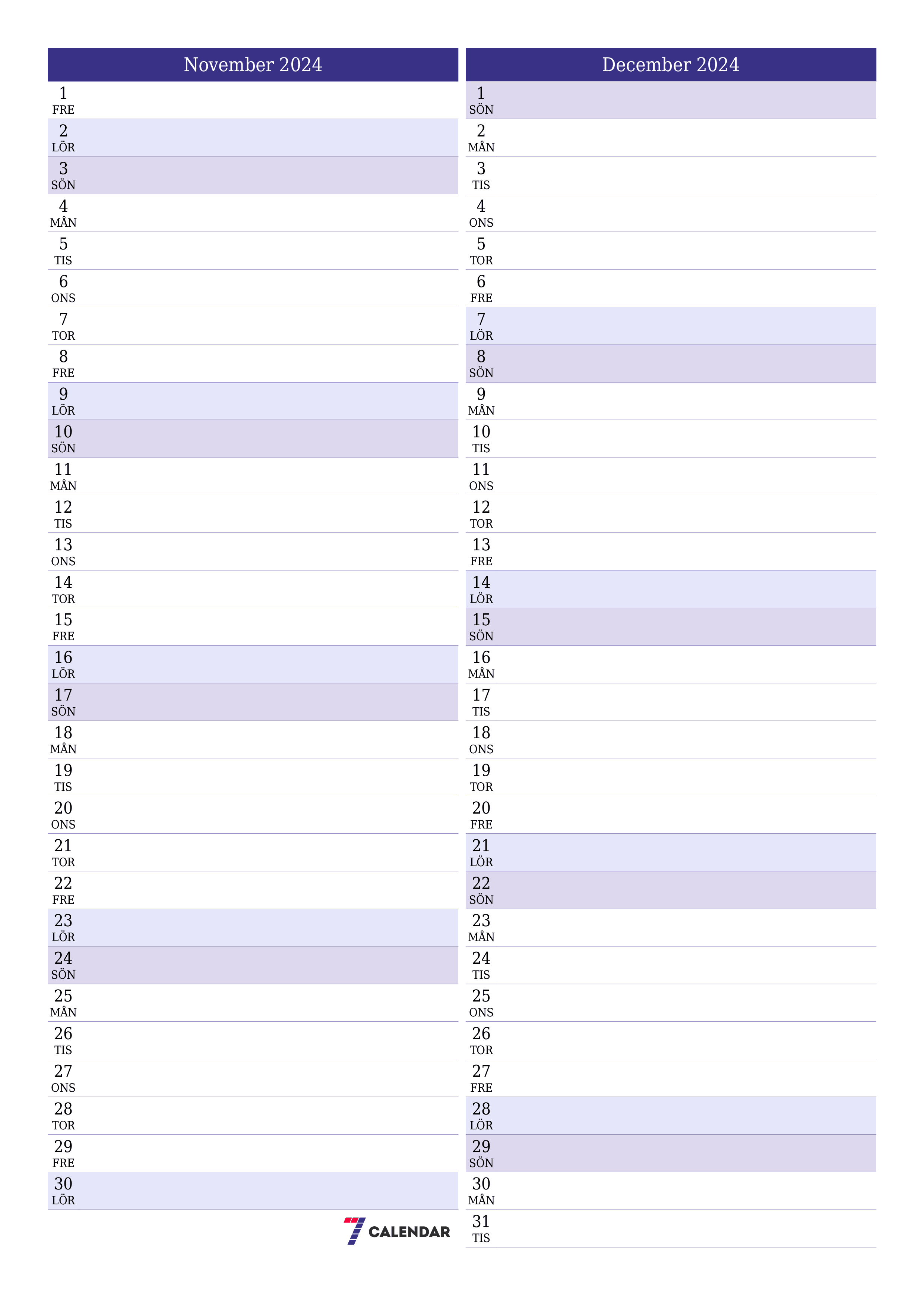 Tom månadsplanerare för månad November 2024 med anteckningar, spara och skriv ut till PDF PNG Swedish