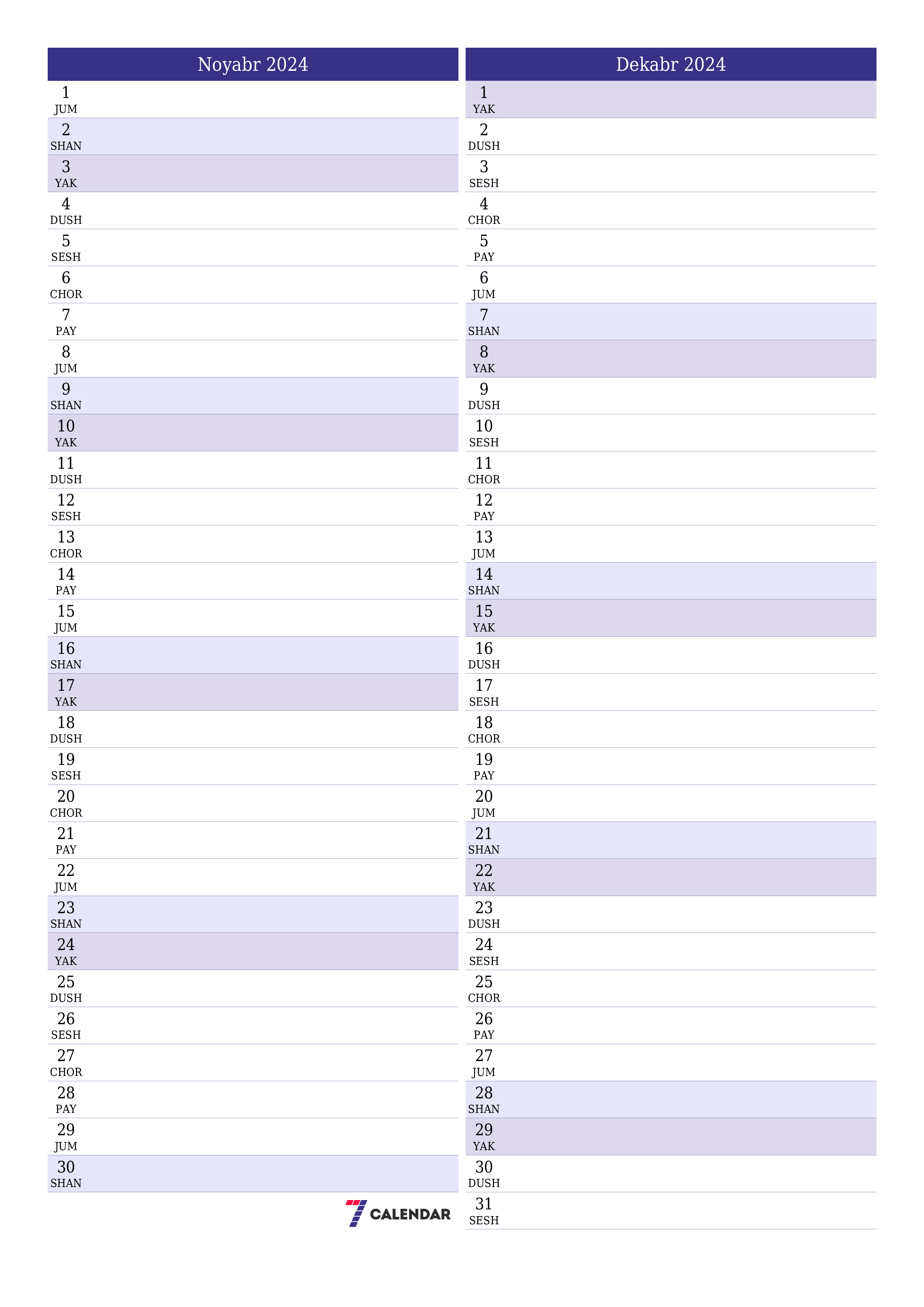 Noyabr 2024 oylik oylik rejalashtiruvchini yozuvlar bilan bo'shatish, saqlash va PDF-ga chop etish PNG Uzbek