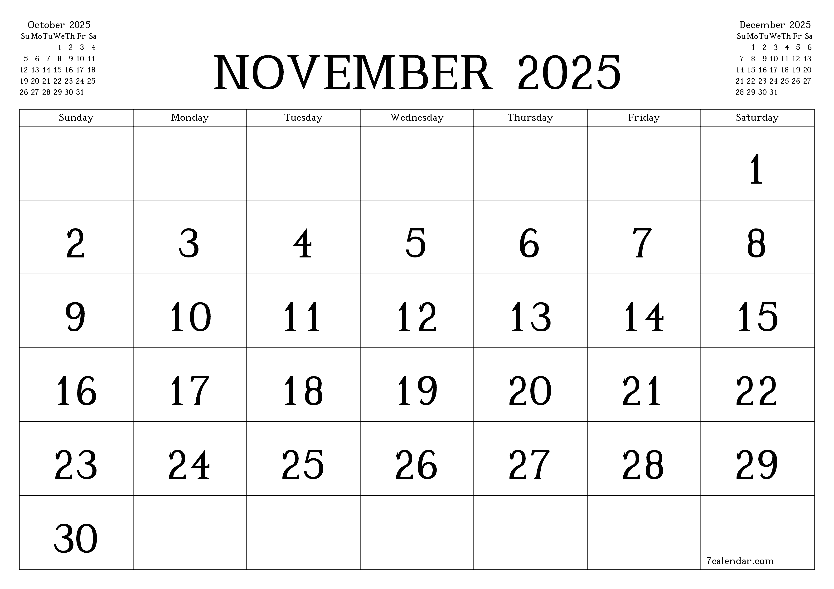 Blank monthly printable calendar and planner for month November 2025 with notes save and print to PDF PNG English