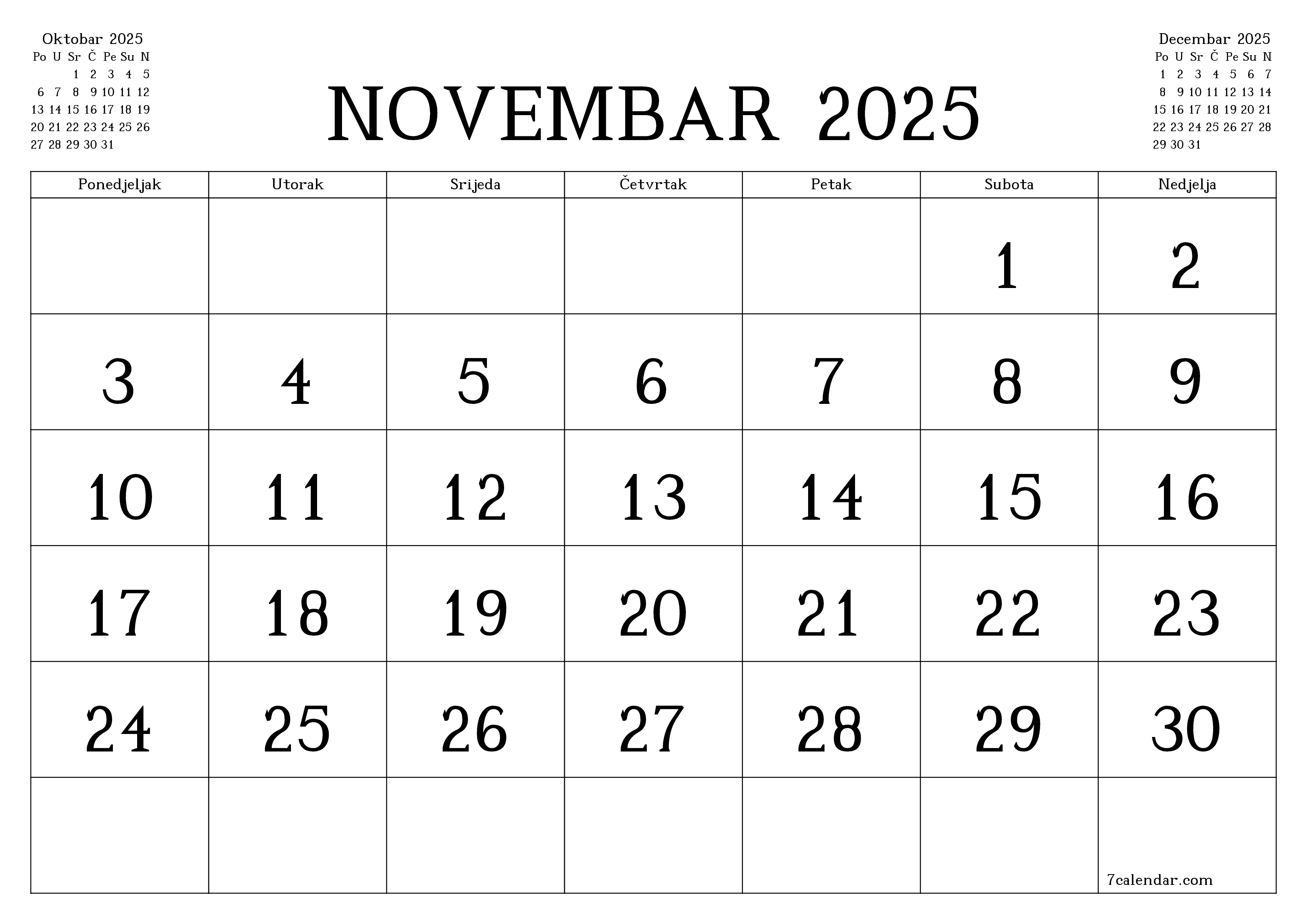 Ispraznite mjesečni planer za mjesec Novembar 2025 s bilješkama, spremite i ispišite u PDF PNG Bosnian