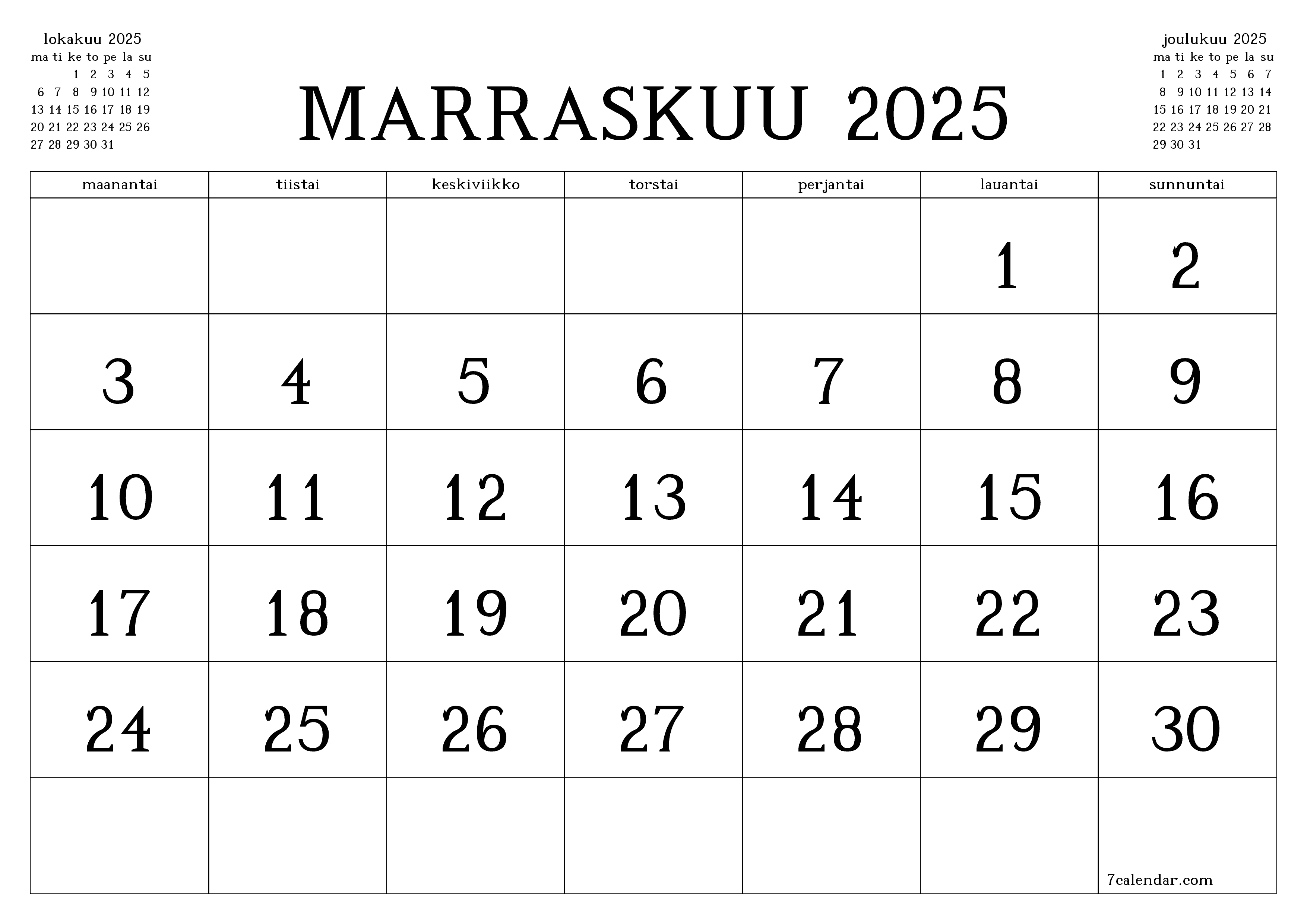 Tyhjennä kuukausittainen suunnittelija kuukaudelle marraskuu 2025 muistiinpanoilla, tallenna ja tulosta PDF-muotoon PNG Finnish