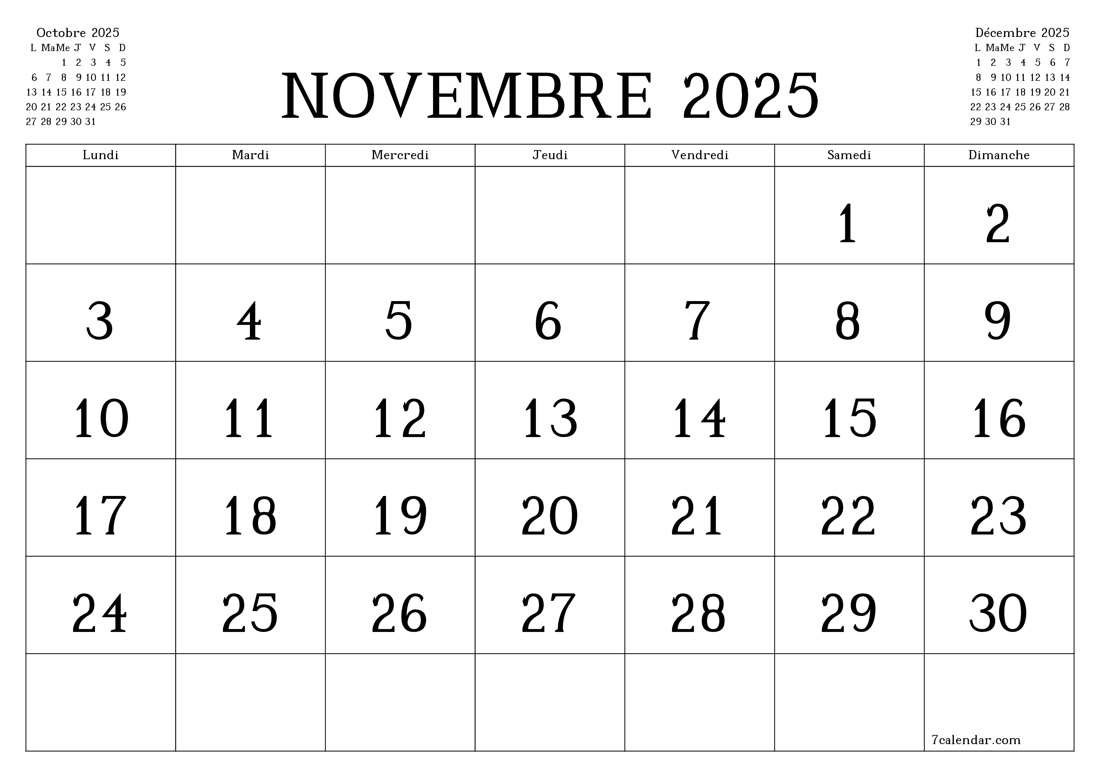 Agenda mensuel vide pour le mois Novembre 2025 avec notes, enregistrez et imprimez au format PDF PNG French
