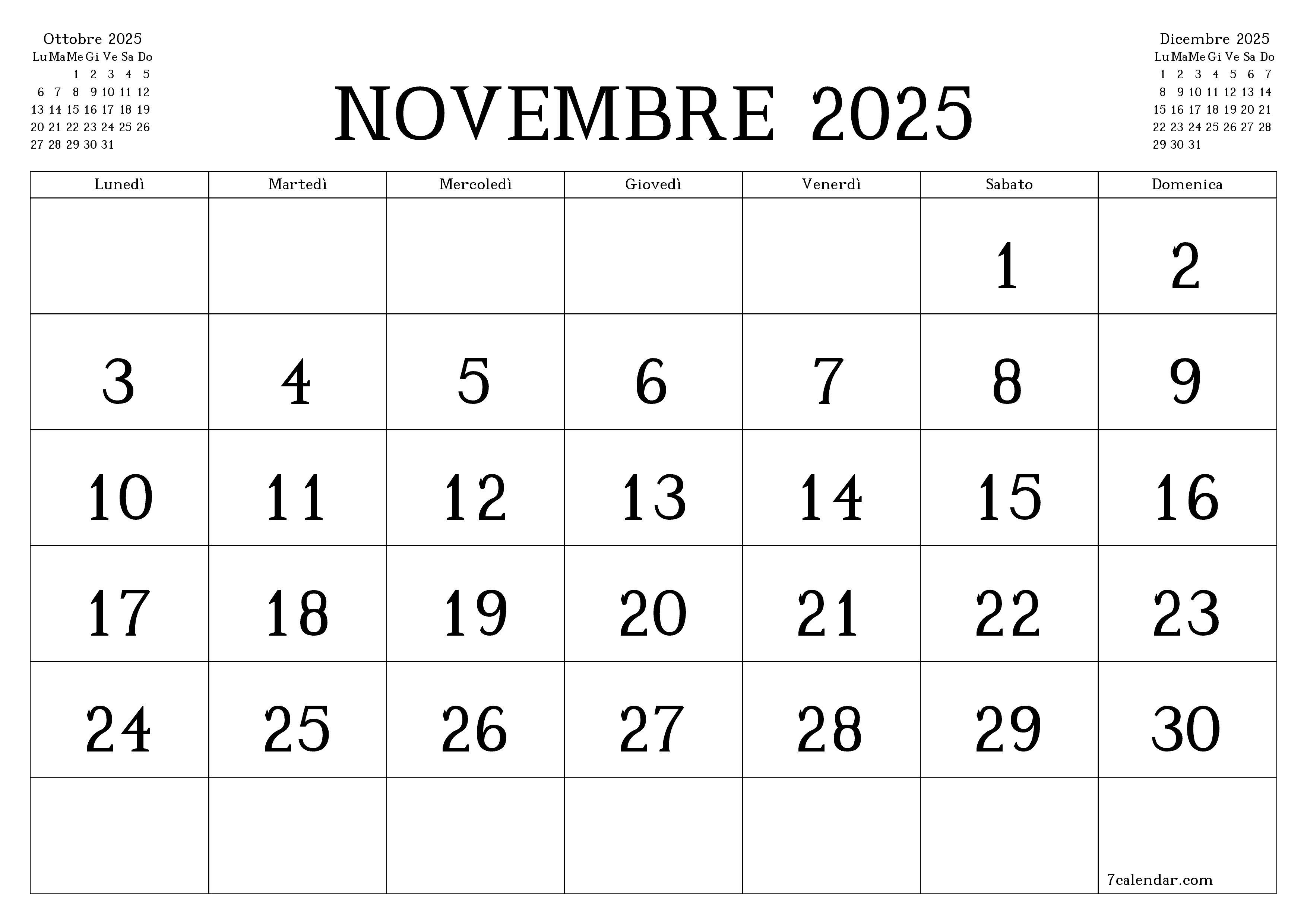Pianificatore mensile vuoto per il mese Novembre 2025 con note, salva e stampa in PDF PNG Italian