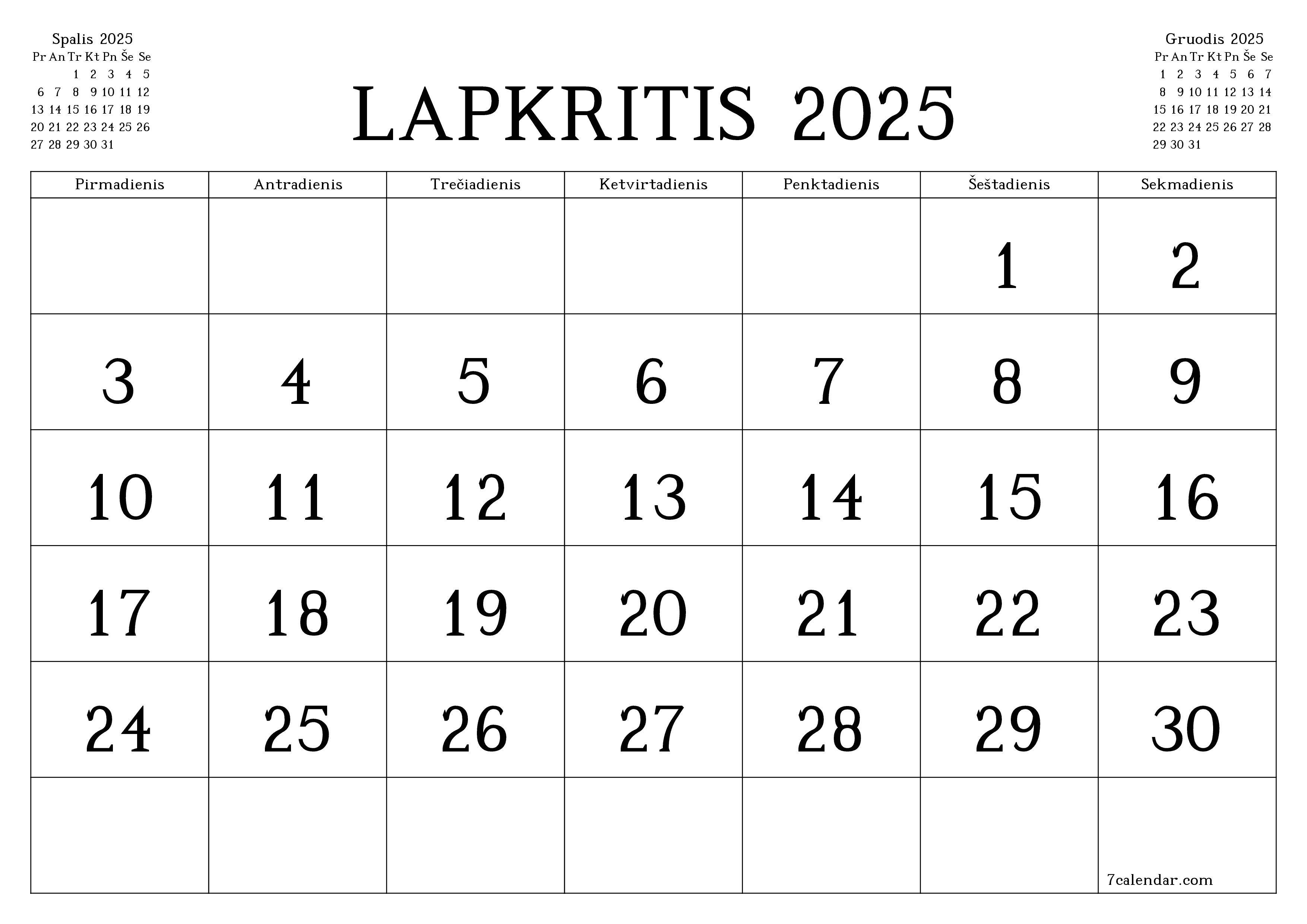 Ištuštinti mėnesio Lapkritis 2025 mėnesio planavimo priemonę su užrašais, išsaugoti ir atsispausdinti PDF formate PNG Lithuanian