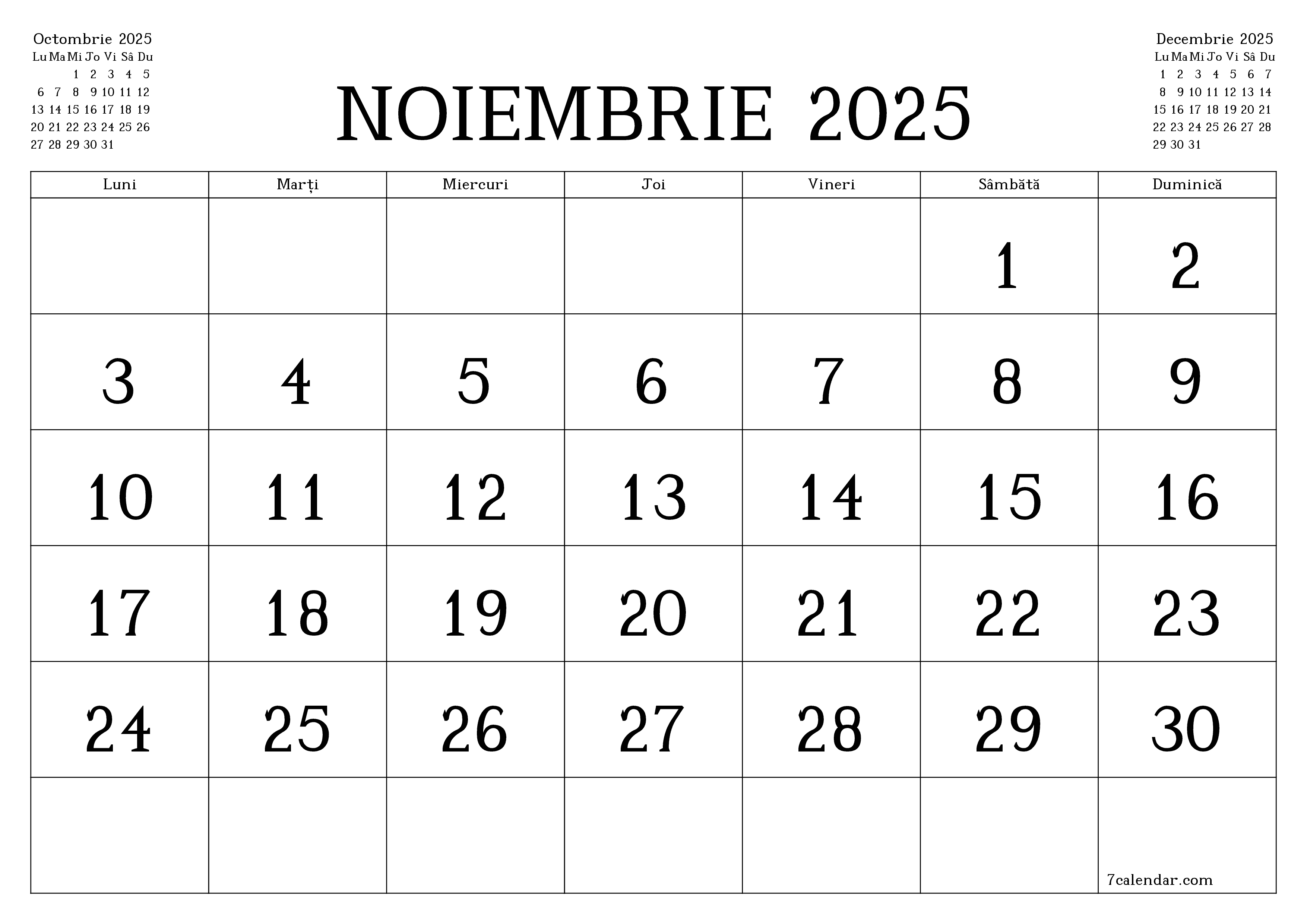 Planificator lunar gol pentru luna Noiembrie 2025 cu note, salvați și tipăriți în PDF PNG Romanian