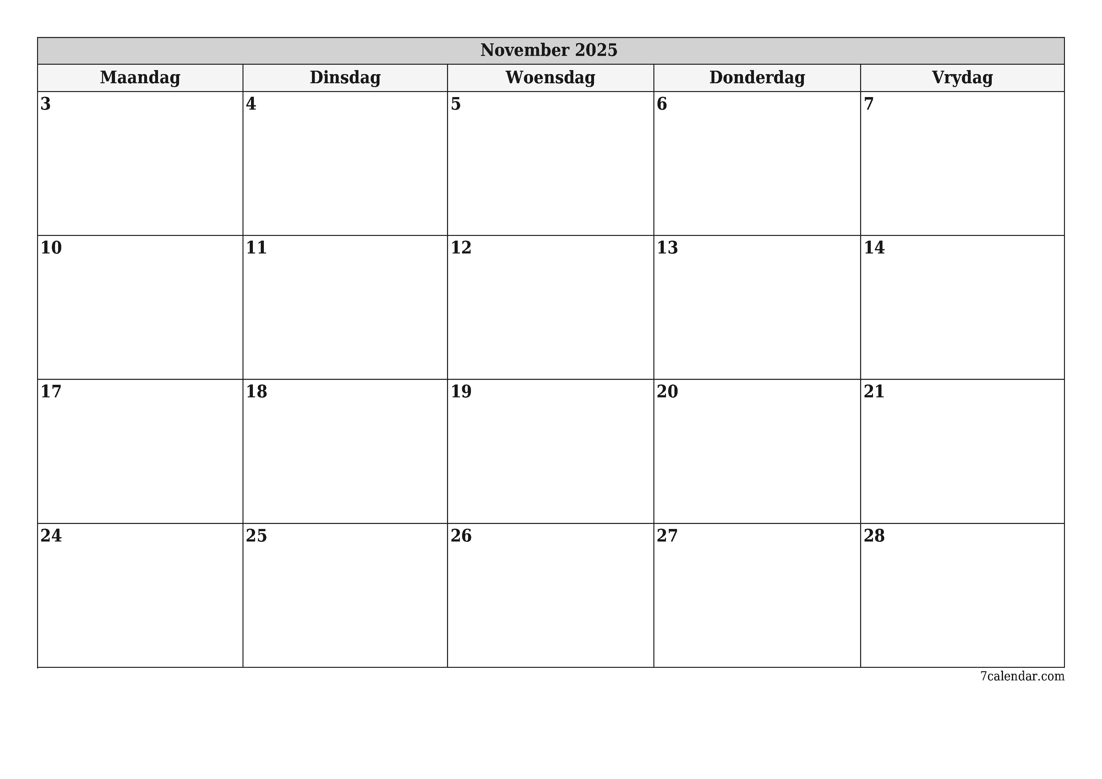 Leë maandelikse drukbare kalender en beplanner vir maand November 2025 met notas stoor en druk na PDF PNG Afrikaans
