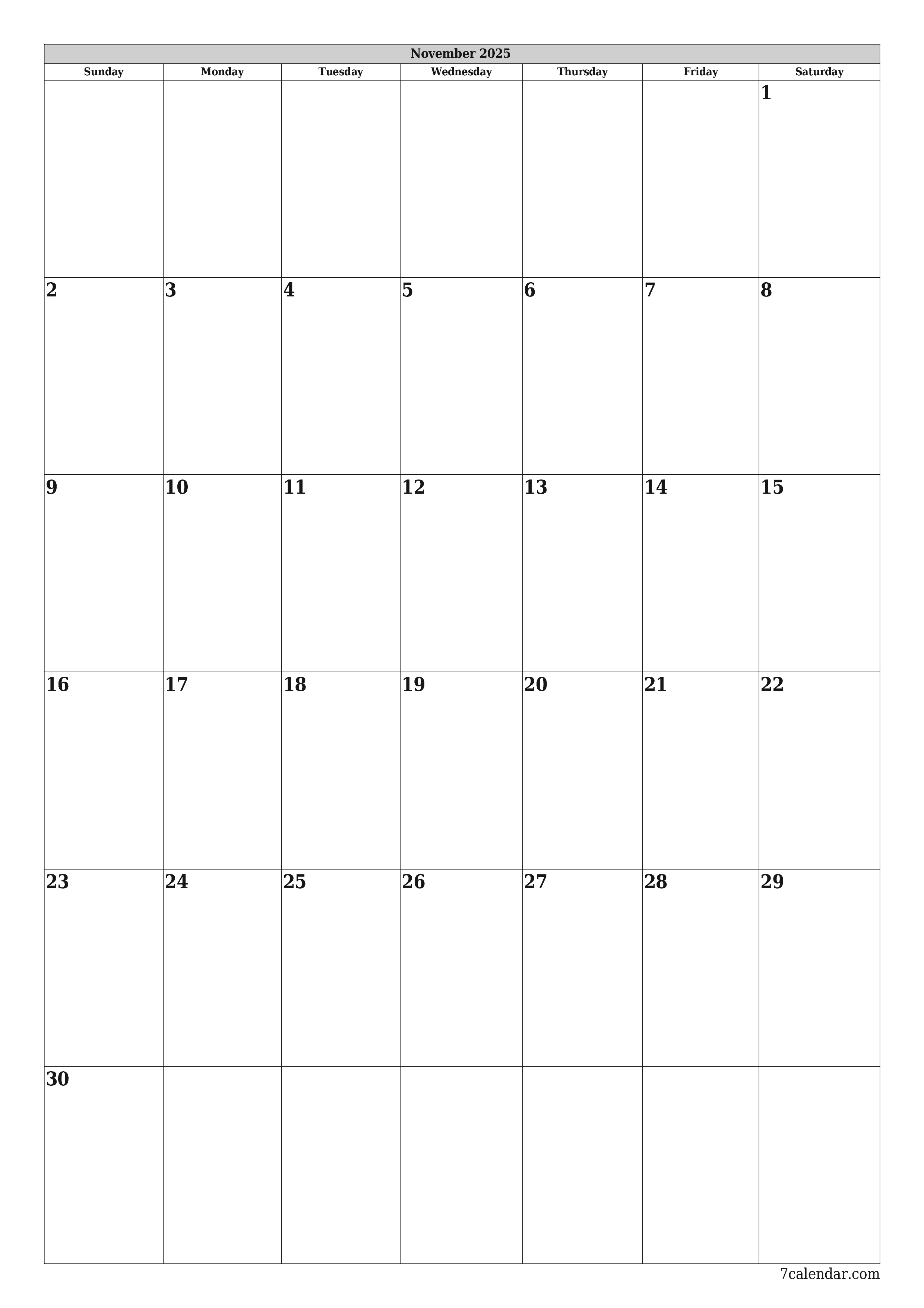 printable wall template free vertical Monthly planner calendar November (Nov) 2025