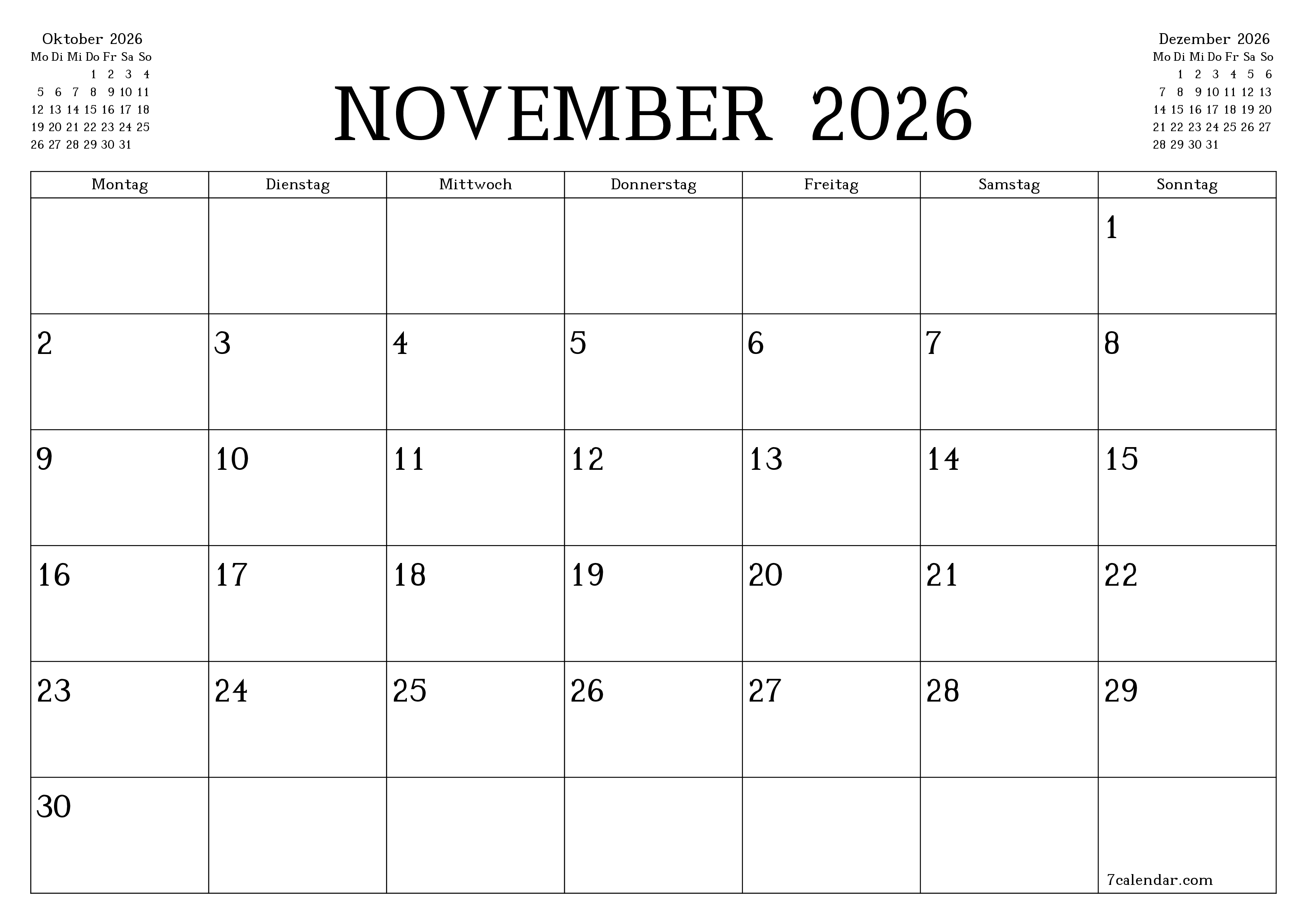 Monatsplaner für Monat November 2026 mit Notizen leeren, speichern und als PDF PNG German - 7calendar.com drucken