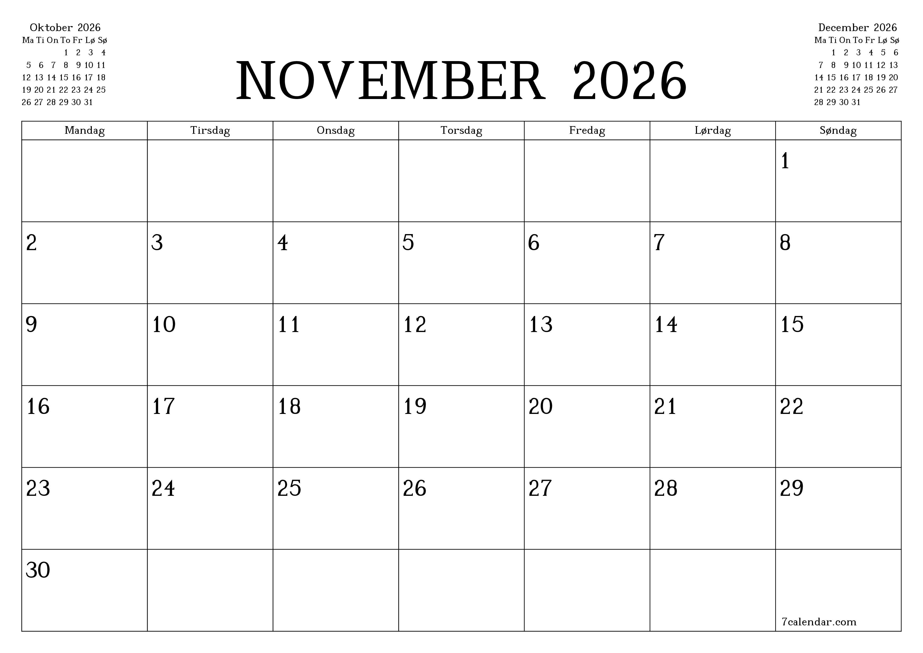 Tom månedlig planlægning for måned November 2026 med noter, gem og udskriv til PDF PNG Danish