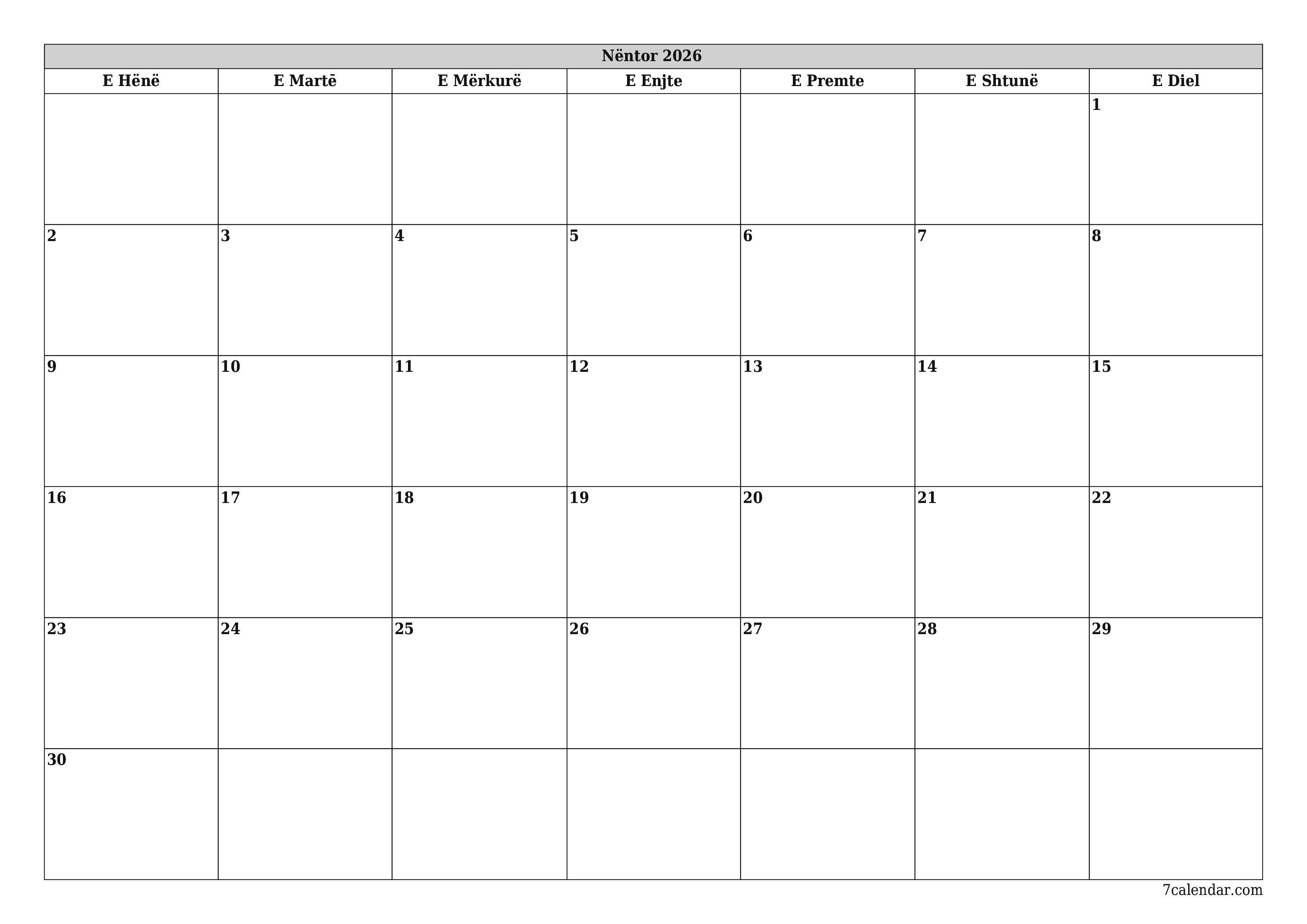 Planifikuesi i zbrazët i kalendarit mujor për muajin Nëntor 2026 me shënime të ruajtura dhe të printuara në PDF PNG Albanian