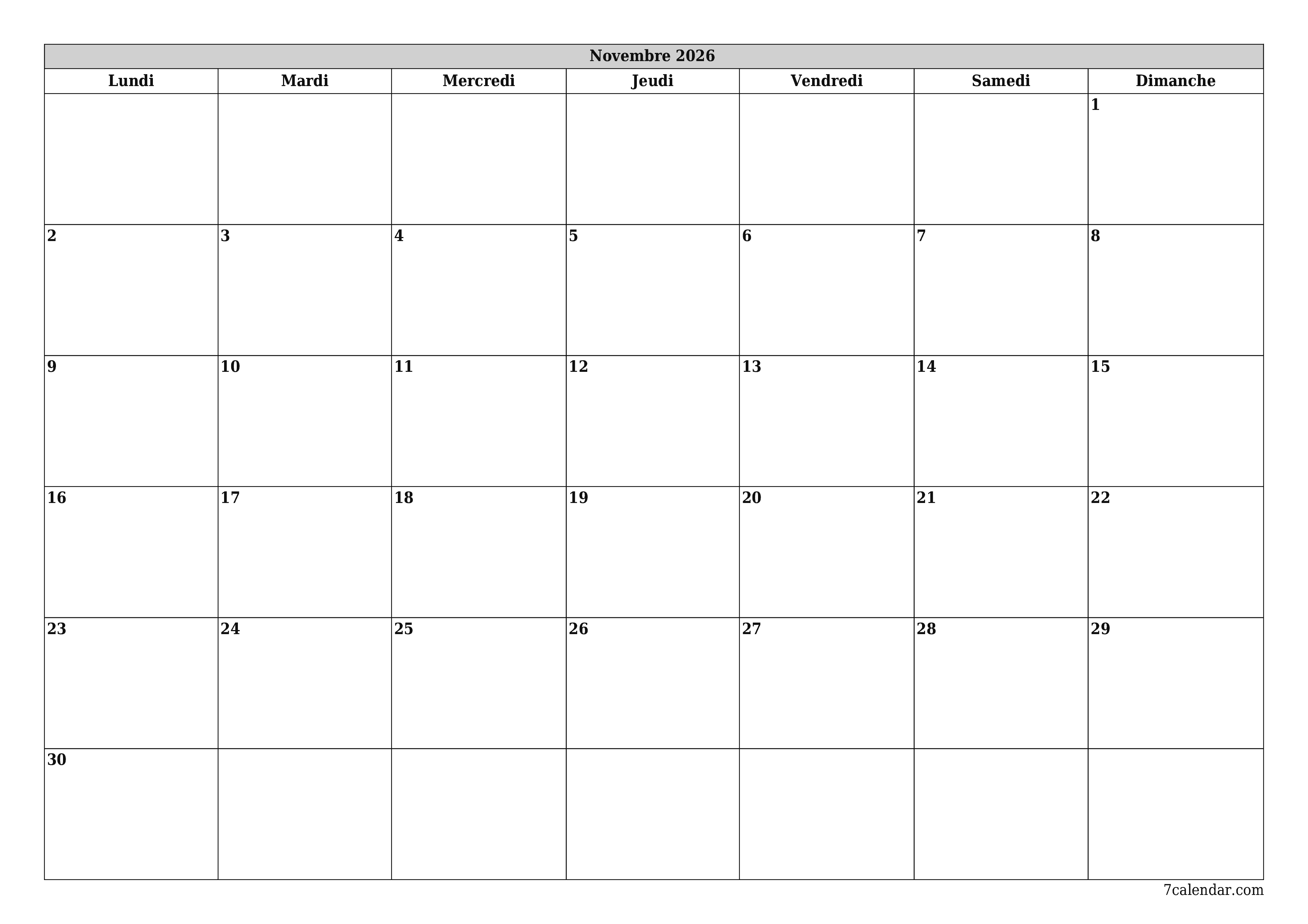 Agenda mensuel vide pour le mois Novembre 2026 avec notes, enregistrez et imprimez au format PDF PNG French
