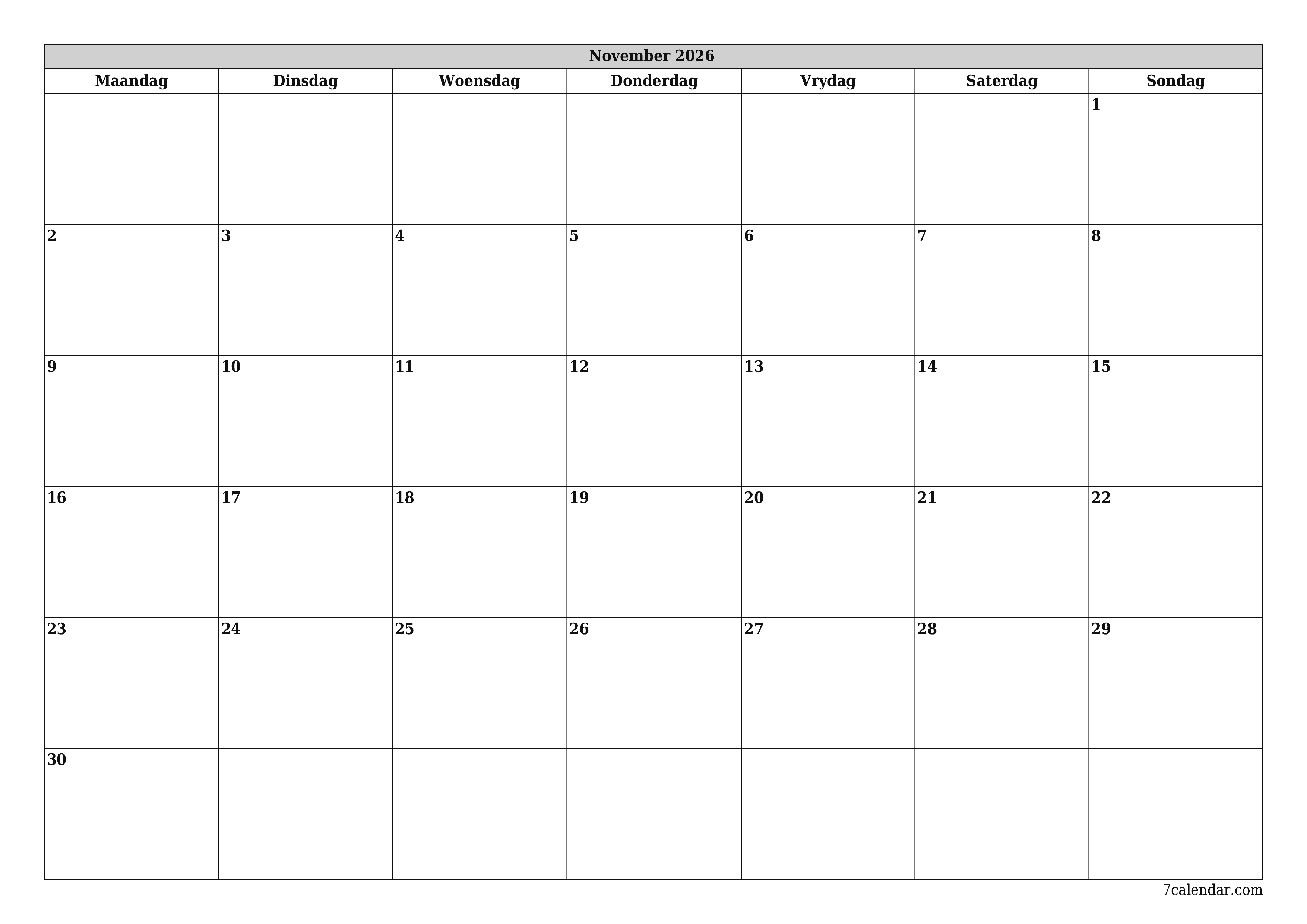 Leë maandelikse drukbare kalender en beplanner vir maand November 2026 met notas stoor en druk na PDF PNG Afrikaans