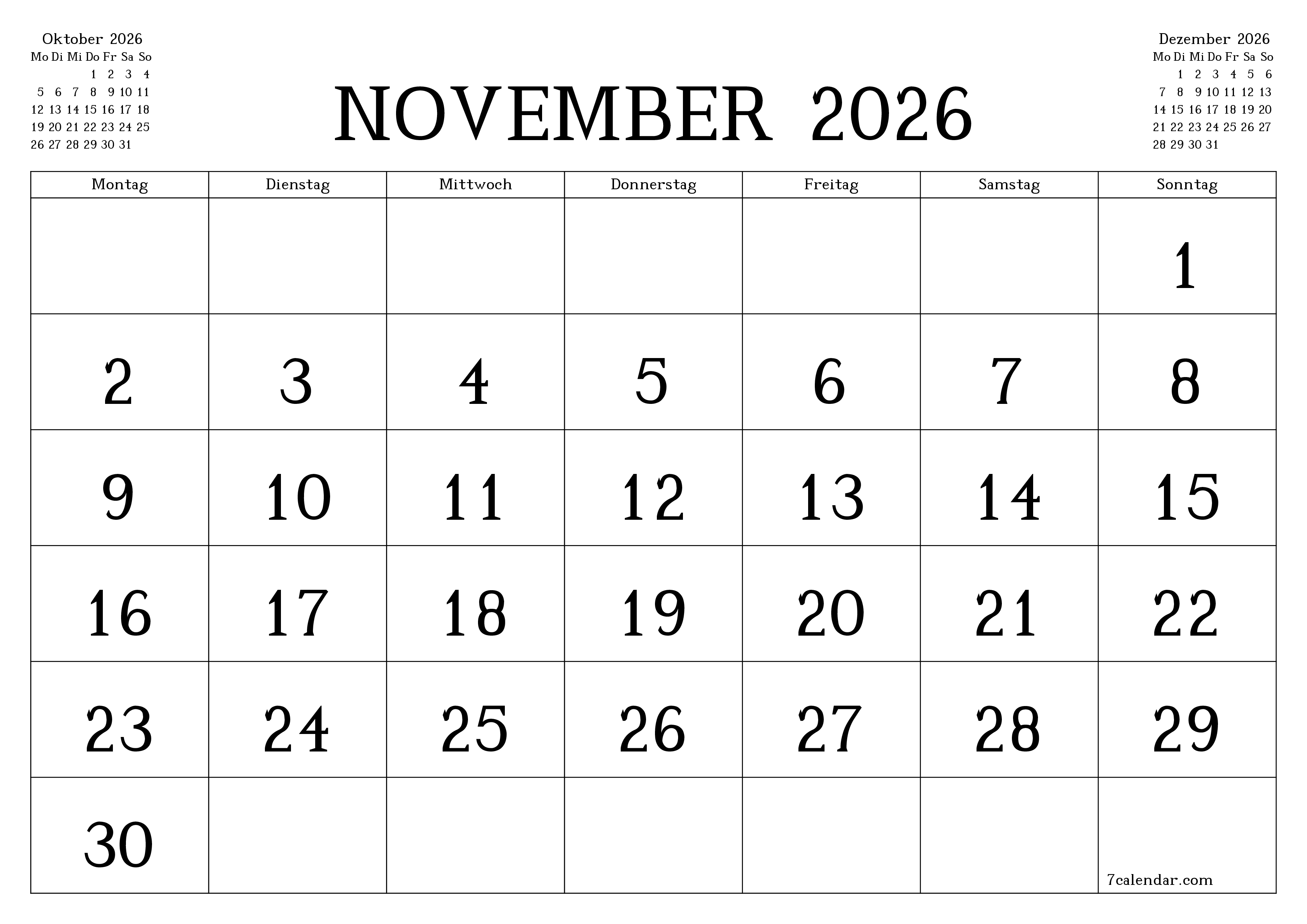 Monatsplaner für Monat November 2026 mit Notizen leeren, speichern und als PDF PNG German - 7calendar.com drucken