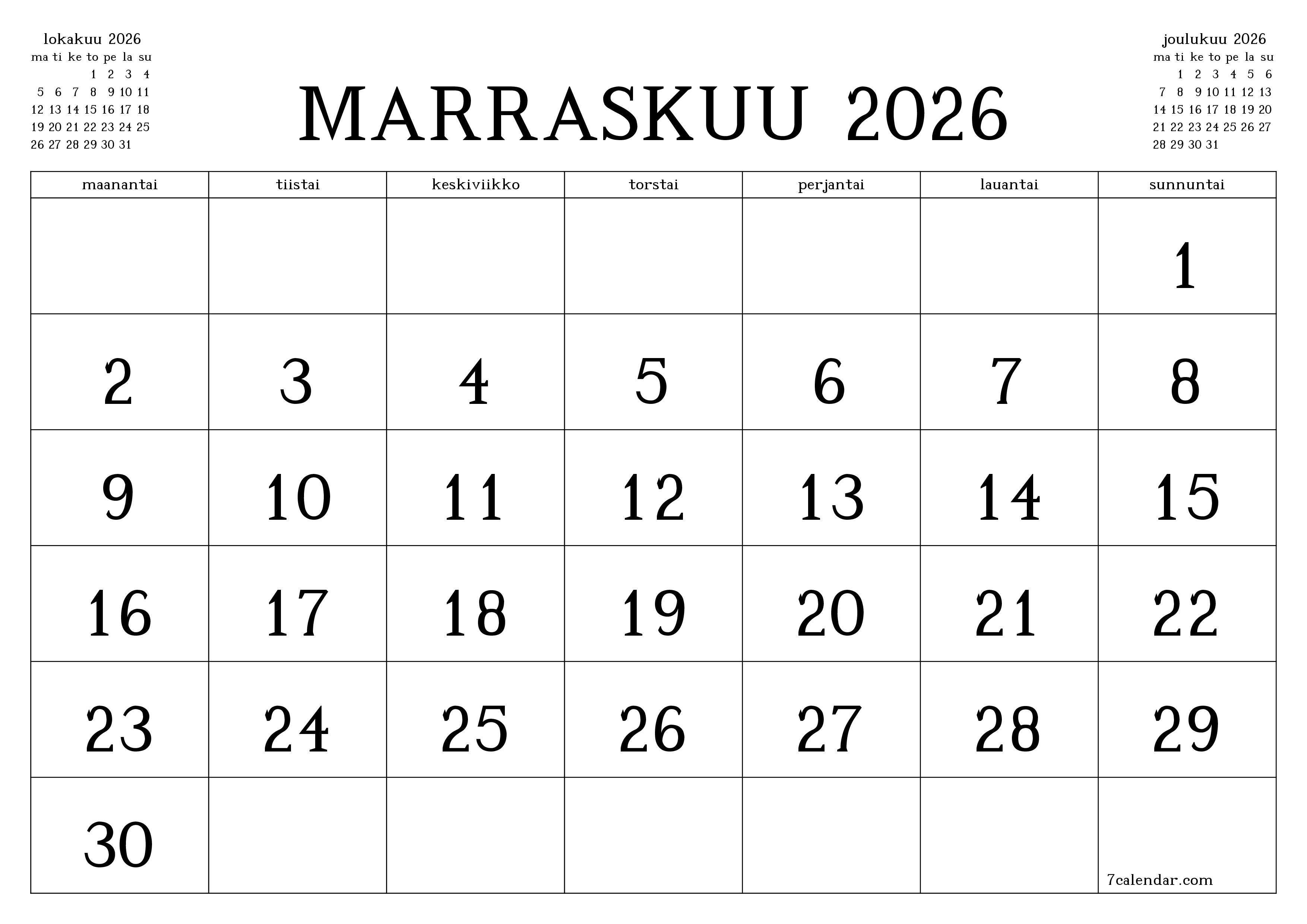 Tyhjennä kuukausittainen suunnittelija kuukaudelle Marraskuu 2026 muistiinpanoilla, tallenna ja tulosta PDF-muotoon PNG Finnish