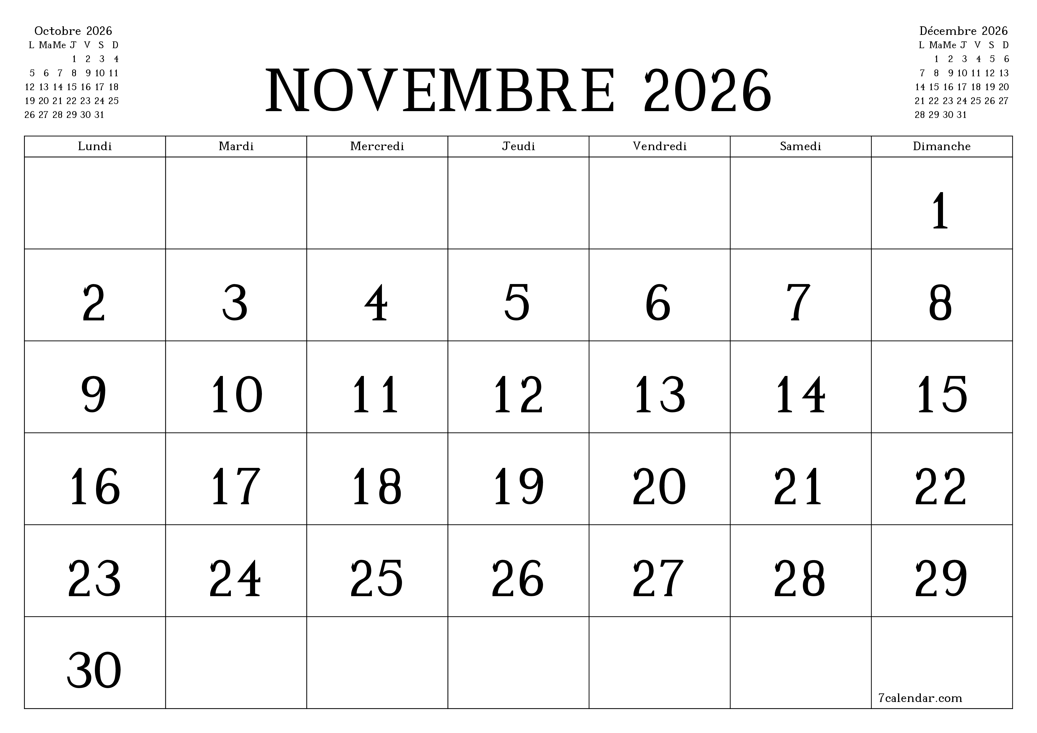 Agenda mensuel vide pour le mois Novembre 2026 avec notes, enregistrez et imprimez au format PDF PNG French