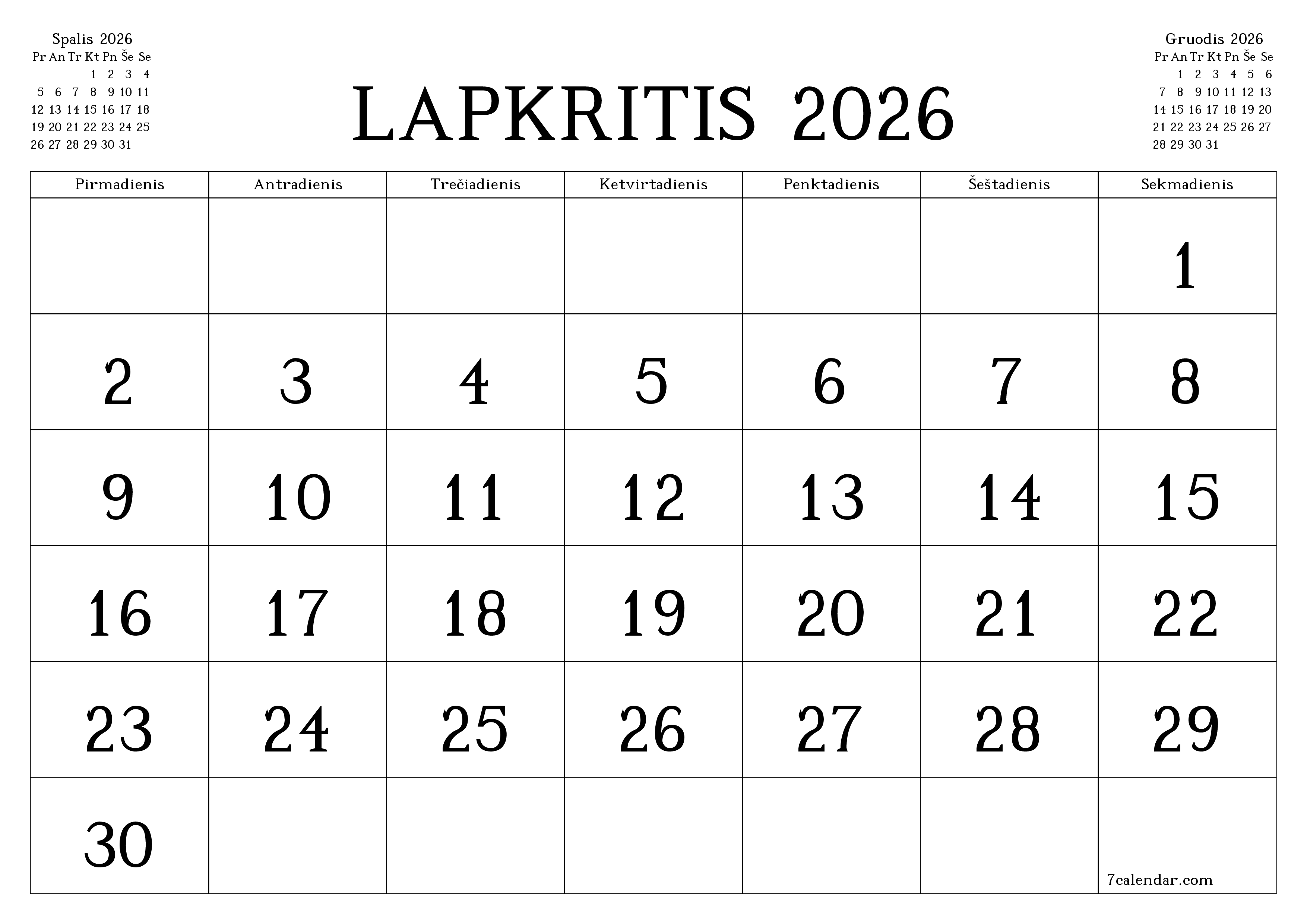 Ištuštinti mėnesio Lapkritis 2026 mėnesio planavimo priemonę su užrašais, išsaugoti ir atsispausdinti PDF formate PNG Lithuanian
