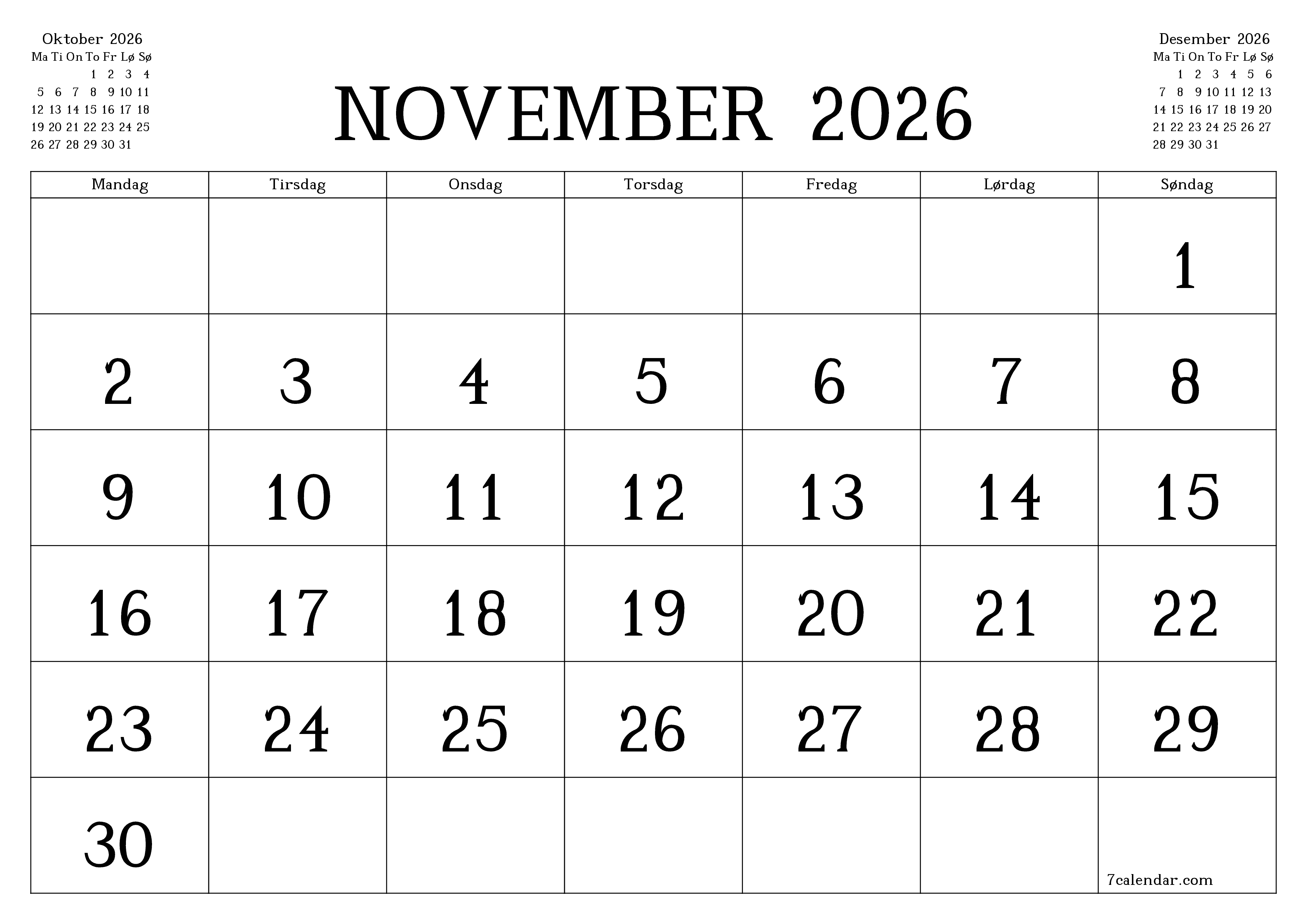 Tom månedlig planlegger for måned November 2026 med notater, lagre og skriv ut til PDF PNG Norwegian