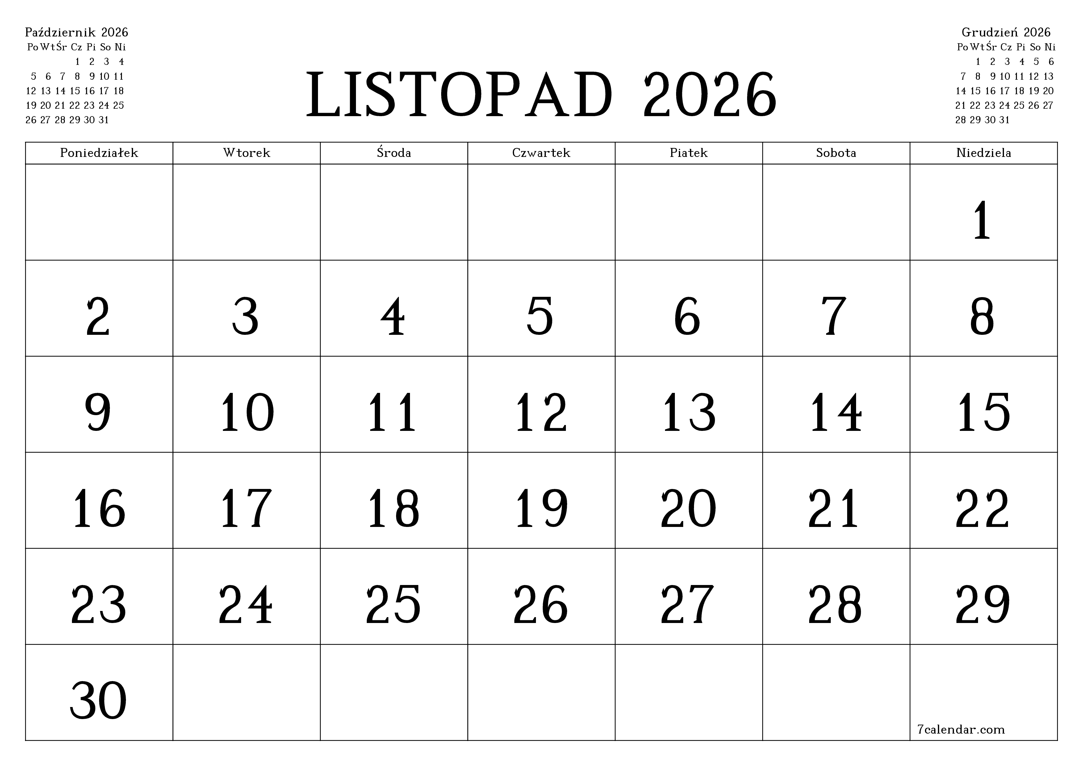 Opróżnij miesięczny planer na miesiąc Listopad 2026 z notatkami, zapisz i wydrukuj w formacie PDF PNG Polish