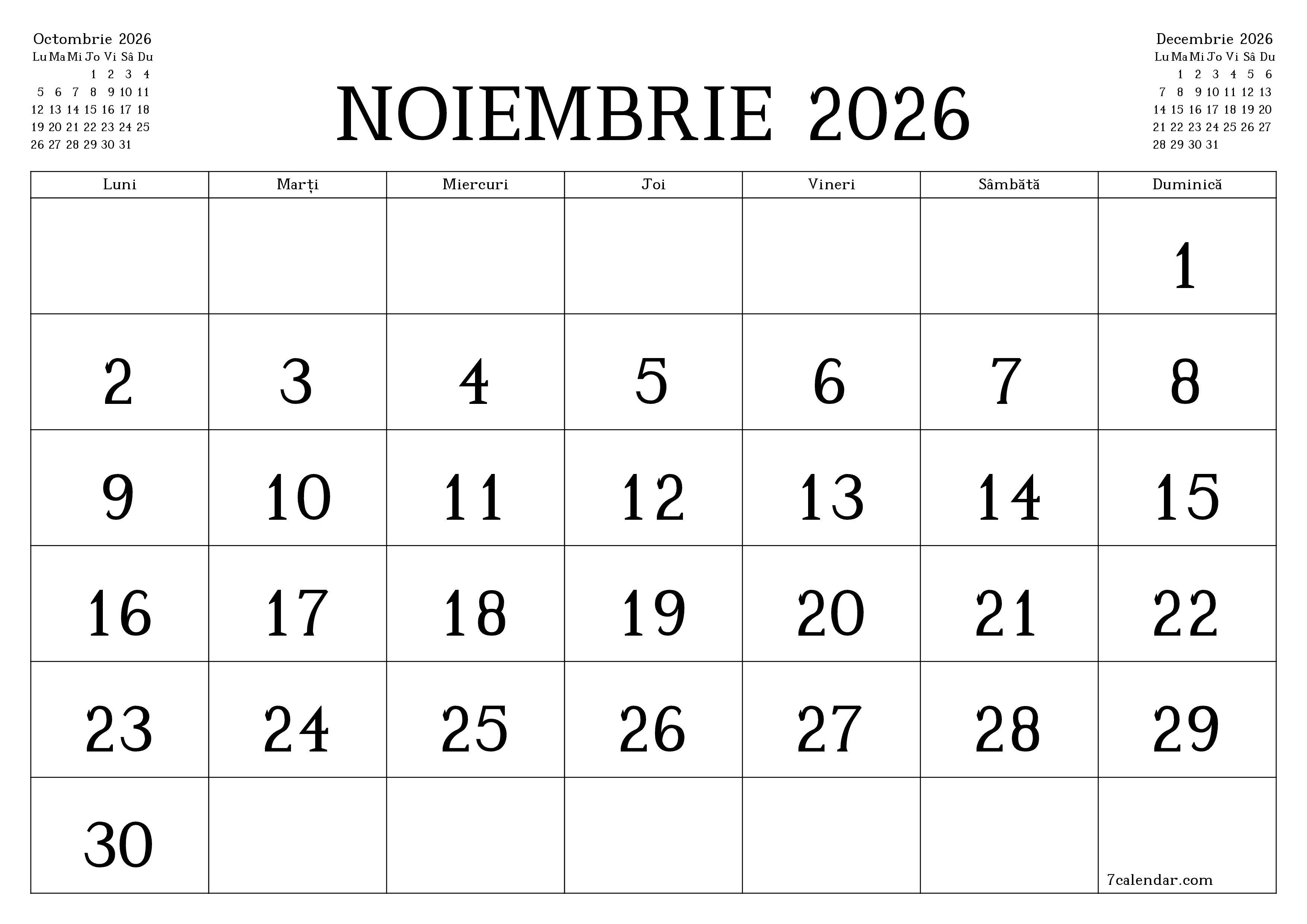 Planificator lunar gol pentru luna Noiembrie 2026 cu note, salvați și tipăriți în PDF PNG Romanian