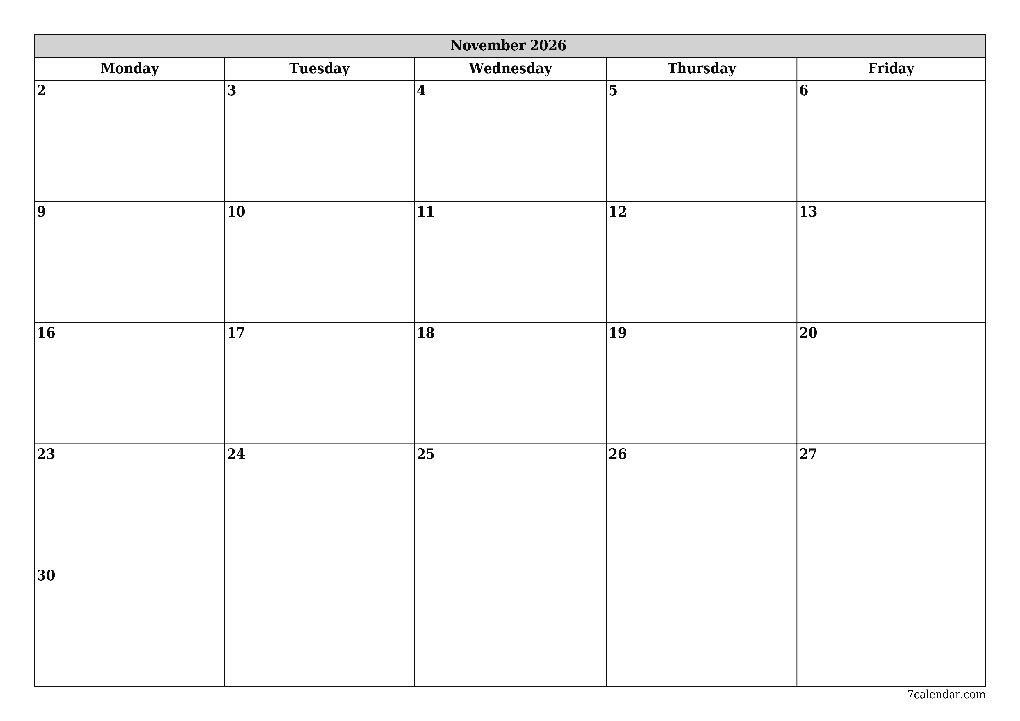 Blank monthly printable calendar and planner for month November 2026 with notes save and print to PDF PNG English