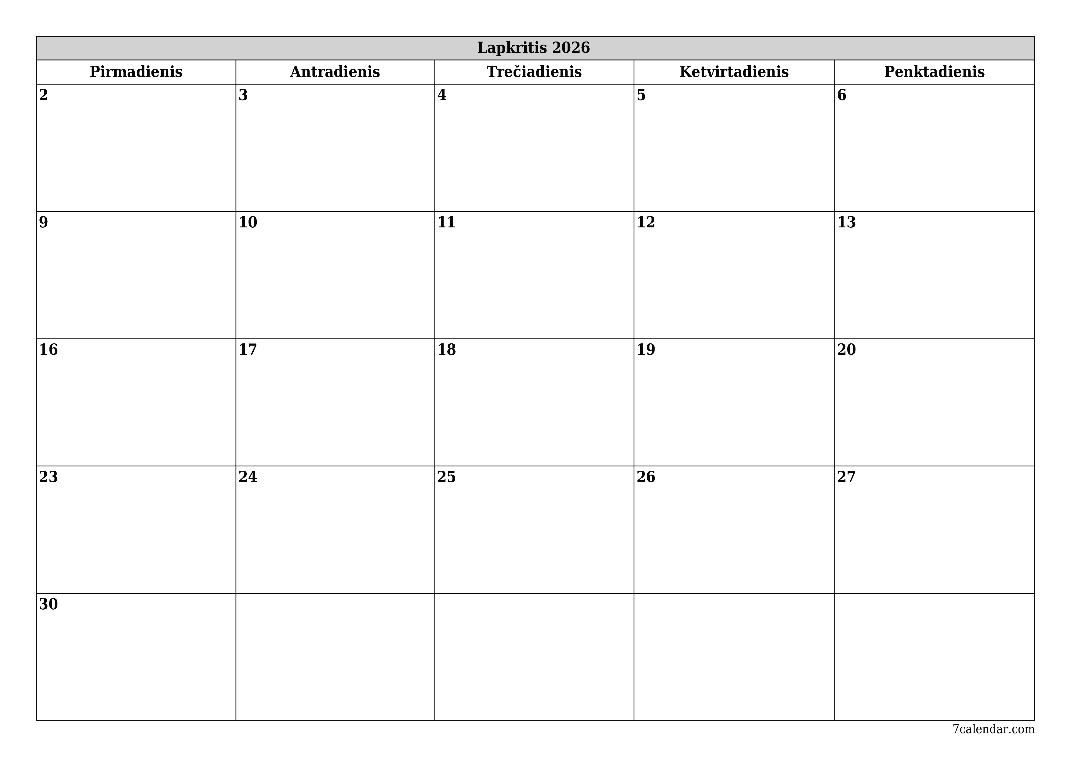 spausdinamas sieninis kalendoriaus šabloną nemokamas horizontaliai Kas mėnesį planuotojas kalendorius Lapkritis (Lap) 2026