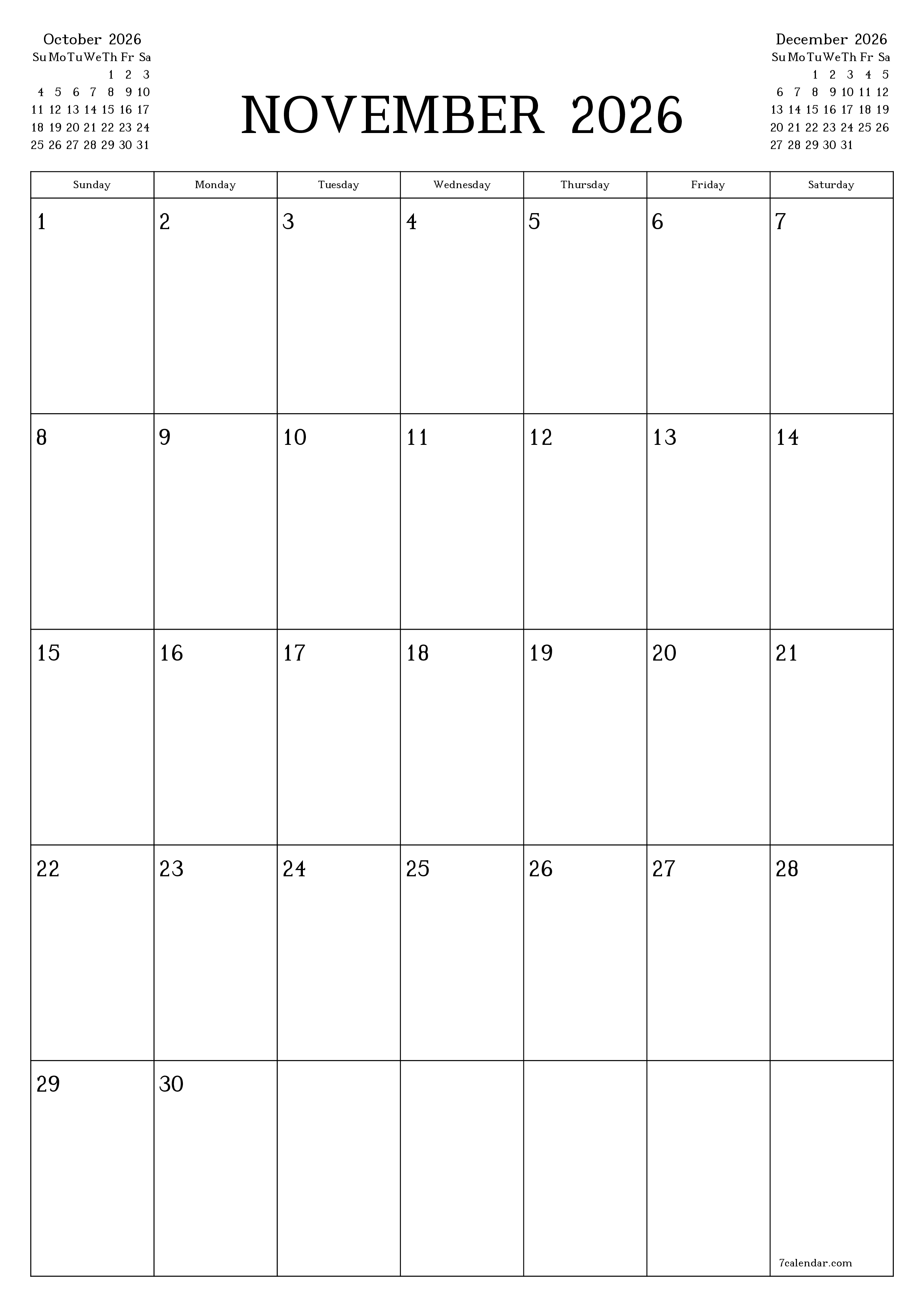Blank monthly printable calendar and planner for month November 2026 with notes save and print to PDF PNG English