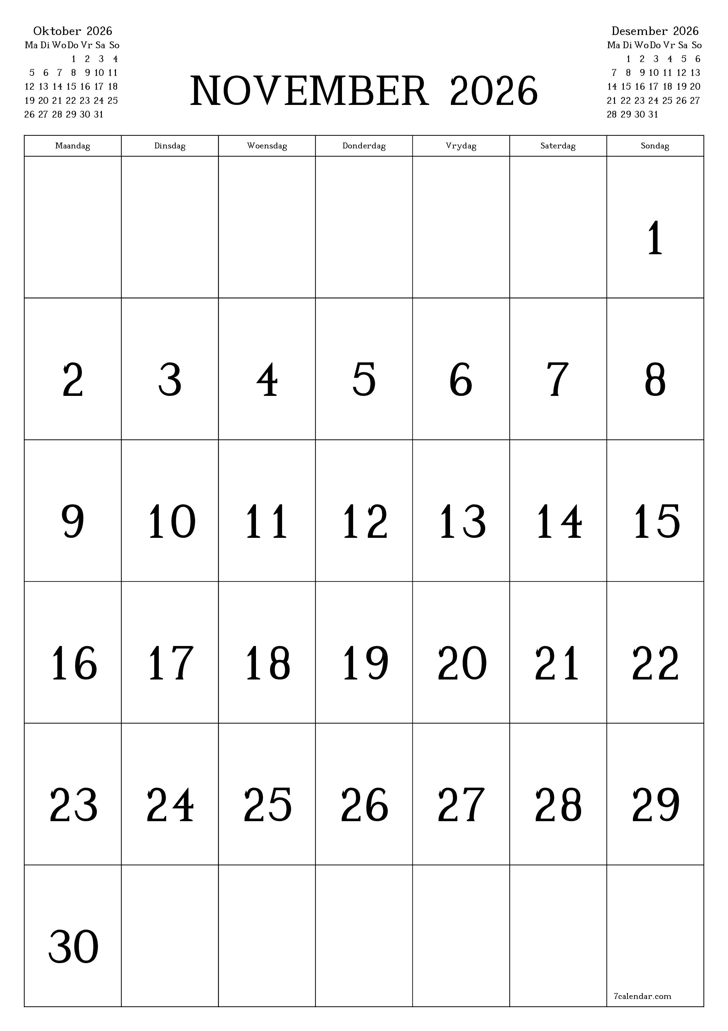 Leë maandelikse drukbare kalender en beplanner vir maand November 2026 met notas stoor en druk na PDF PNG Afrikaans