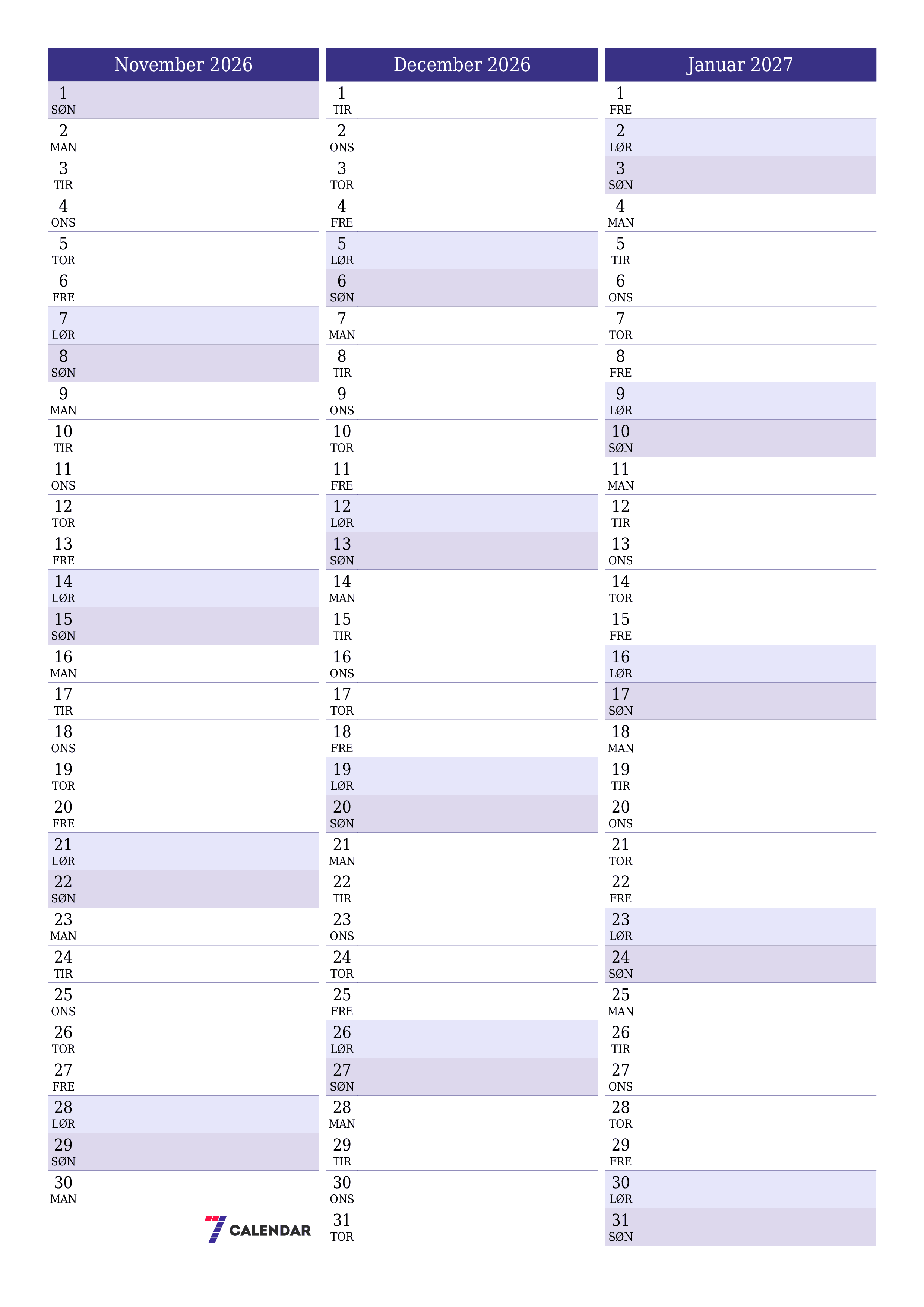 udskrivbar væg skabelon gratis lodret Månedlig planlægger kalender November (Nov) 2026