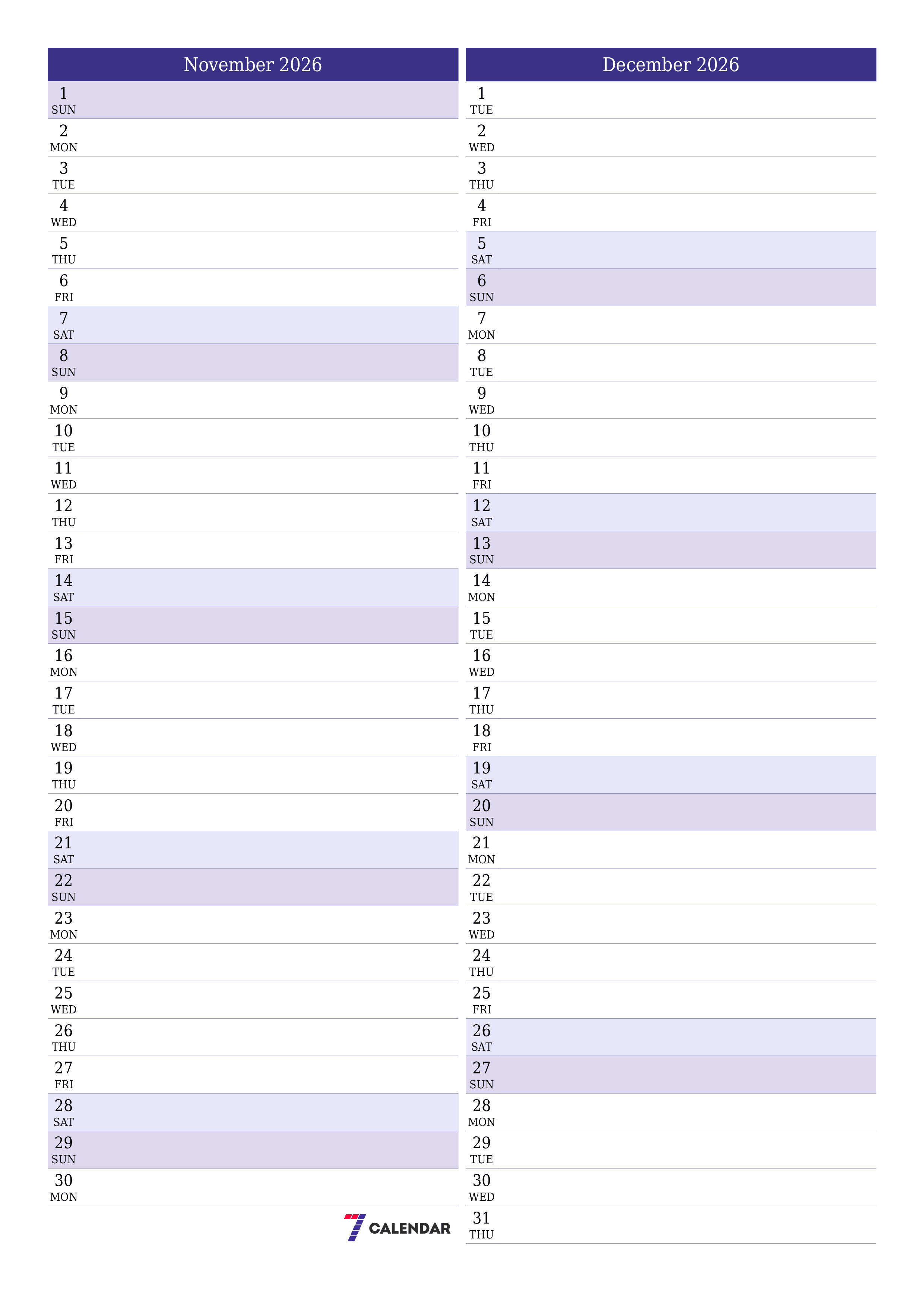 Blank calendar November 2026