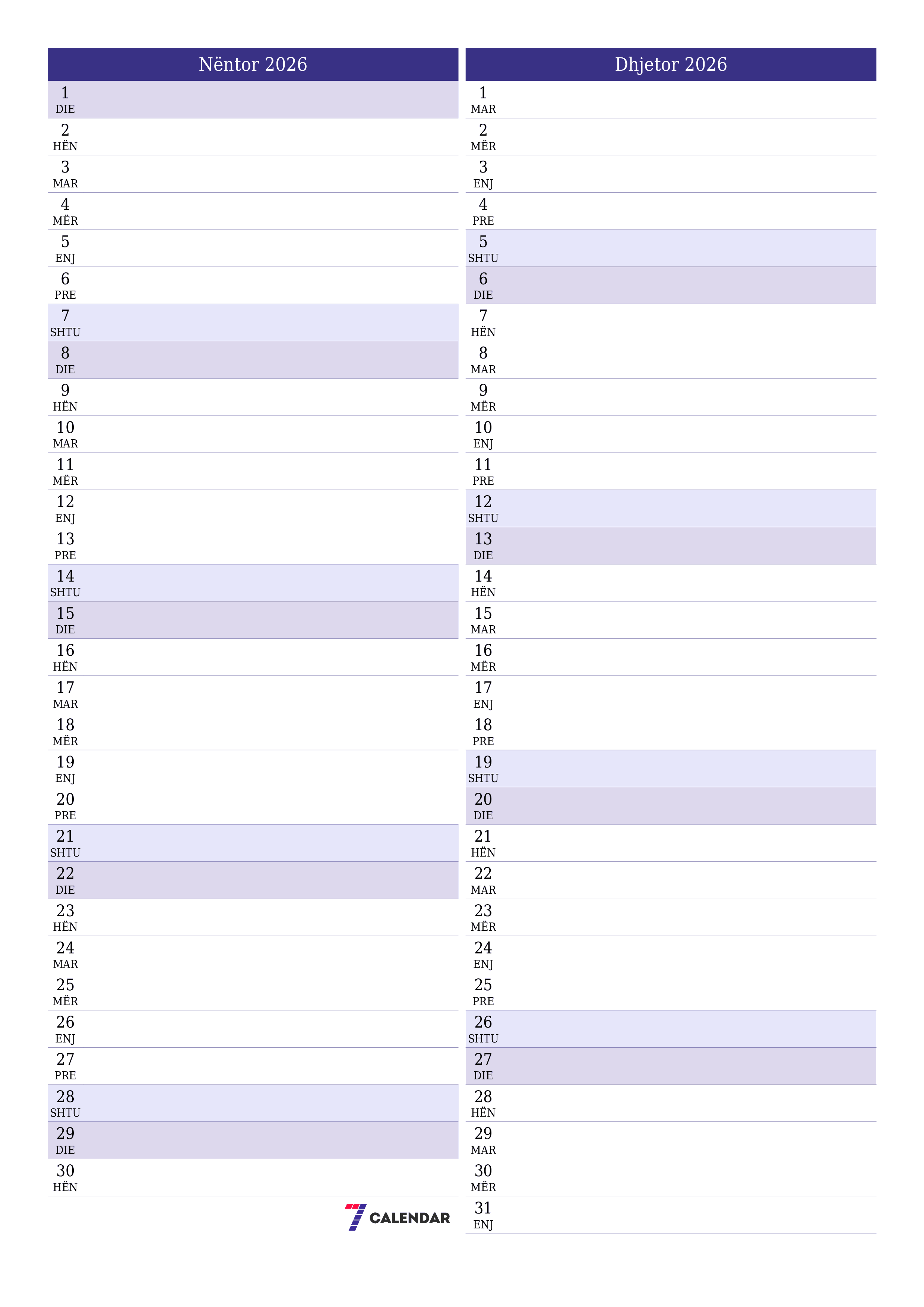 Planifikuesi i zbrazët i kalendarit mujor për muajin Nëntor 2026 me shënime të ruajtura dhe të printuara në PDF PNG Albanian