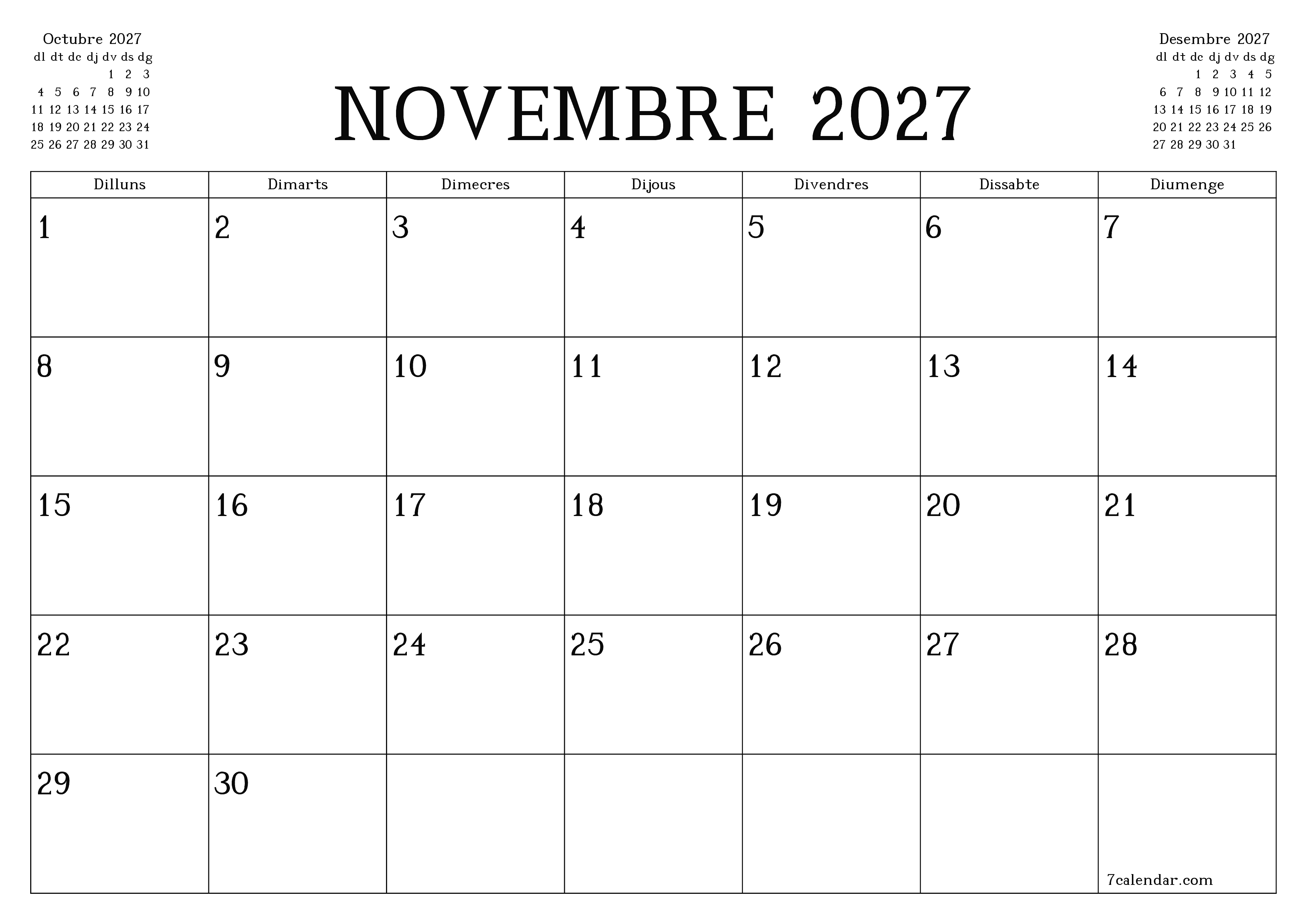 Planificador mensual buit del mes Novembre 2027 amb notes, deseu-lo i imprimiu-lo en format PDF PNG Catalan