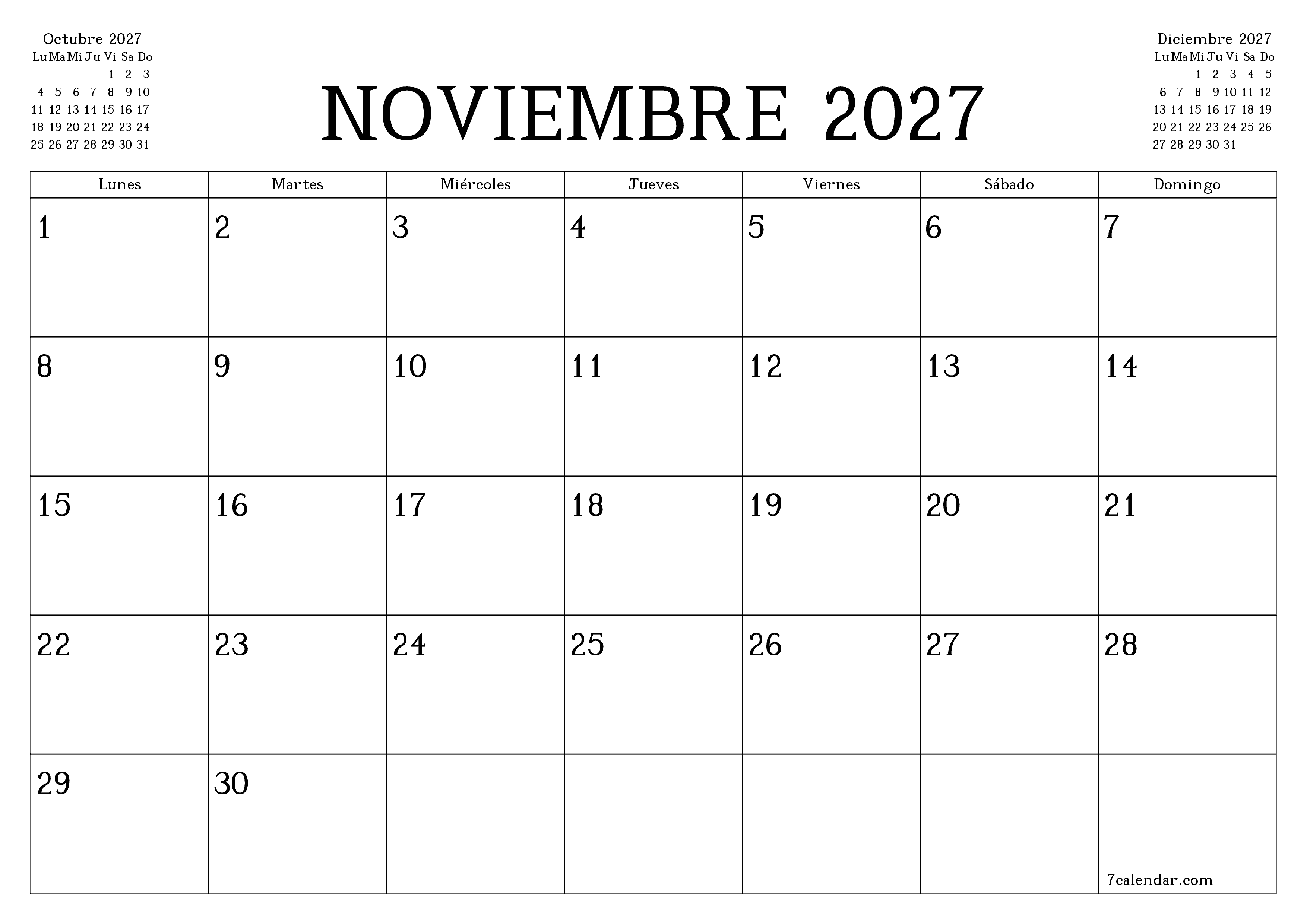 Planificador mensual vacío para el mes Noviembre 2027 con notas, guardar e imprimir en PDF PNG Spanish