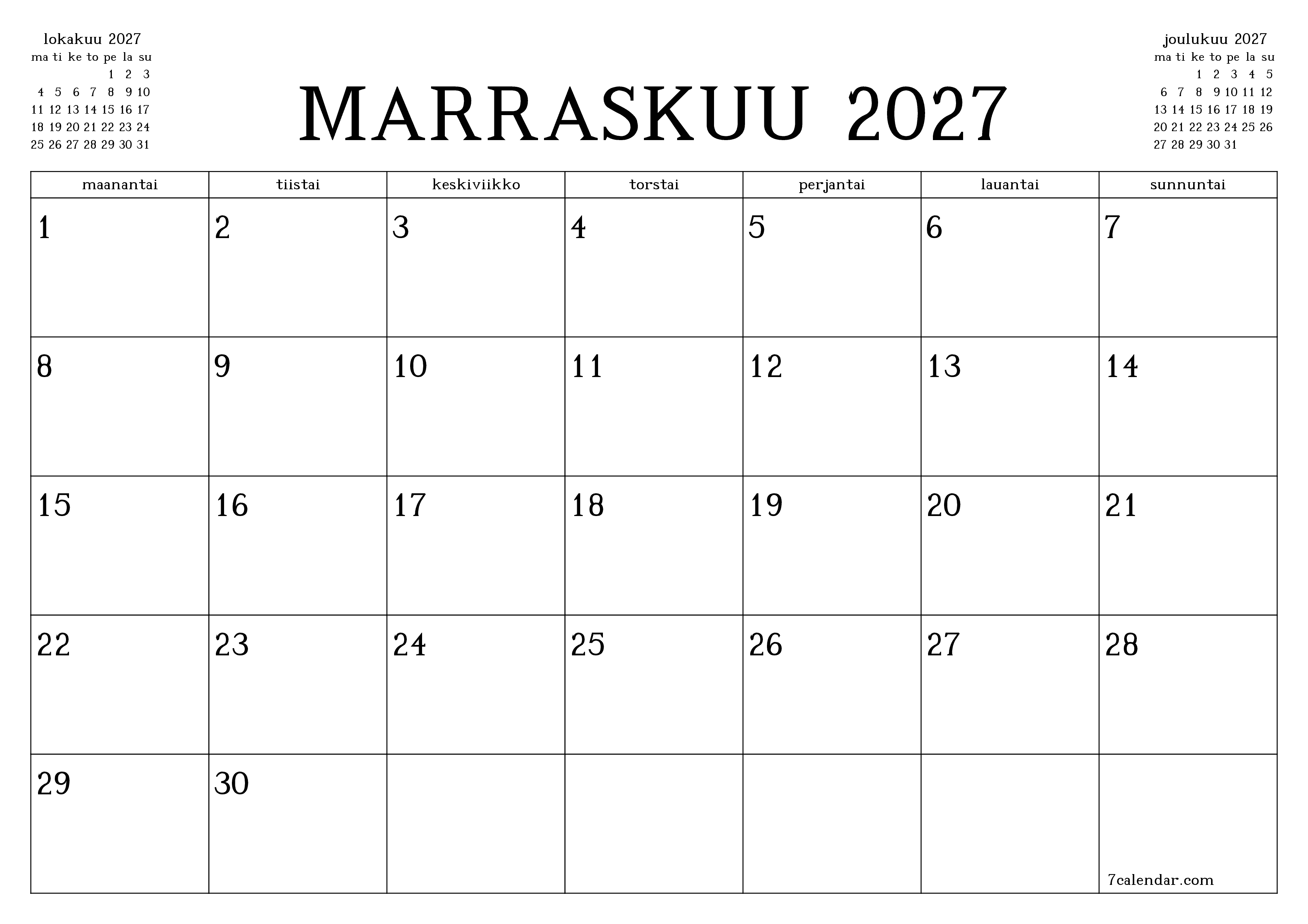 Tyhjennä kuukausittainen suunnittelija kuukaudelle Marraskuu 2027 muistiinpanoilla, tallenna ja tulosta PDF-muotoon PNG Finnish