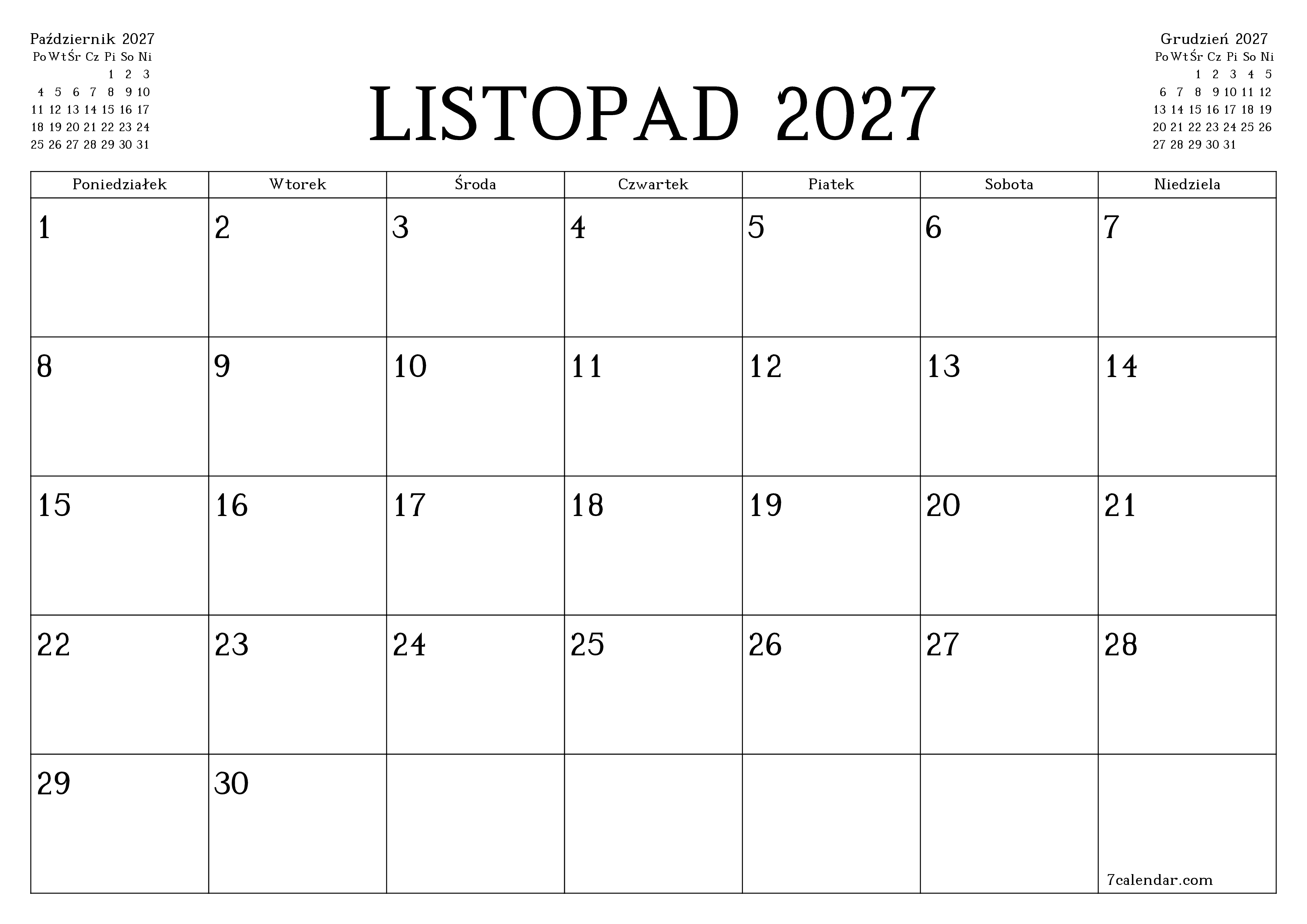 Opróżnij miesięczny planer na miesiąc Listopad 2027 z notatkami, zapisz i wydrukuj w formacie PDF PNG Polish