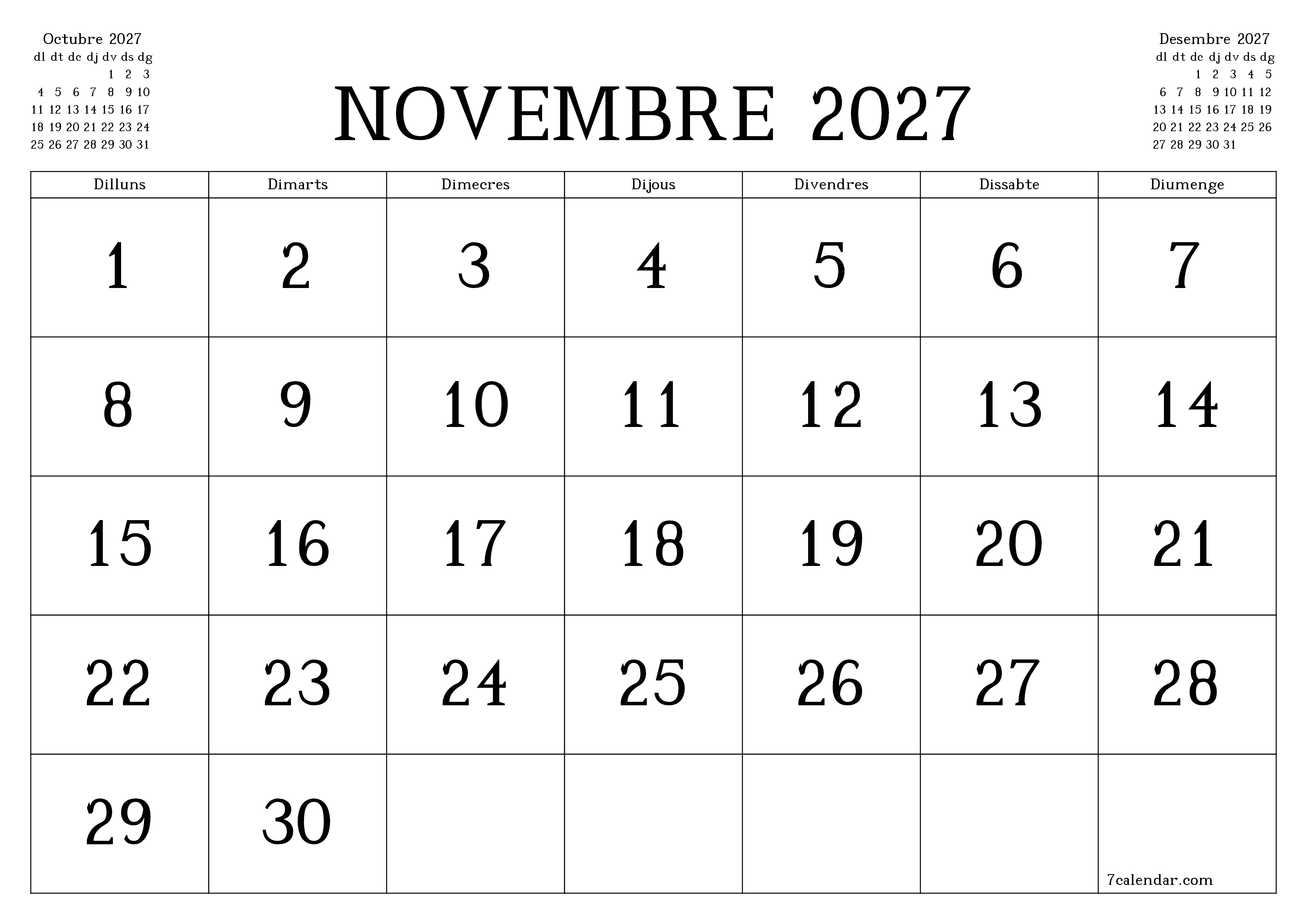 Planificador mensual buit del mes Novembre 2027 amb notes, deseu-lo i imprimiu-lo en format PDF PNG Catalan